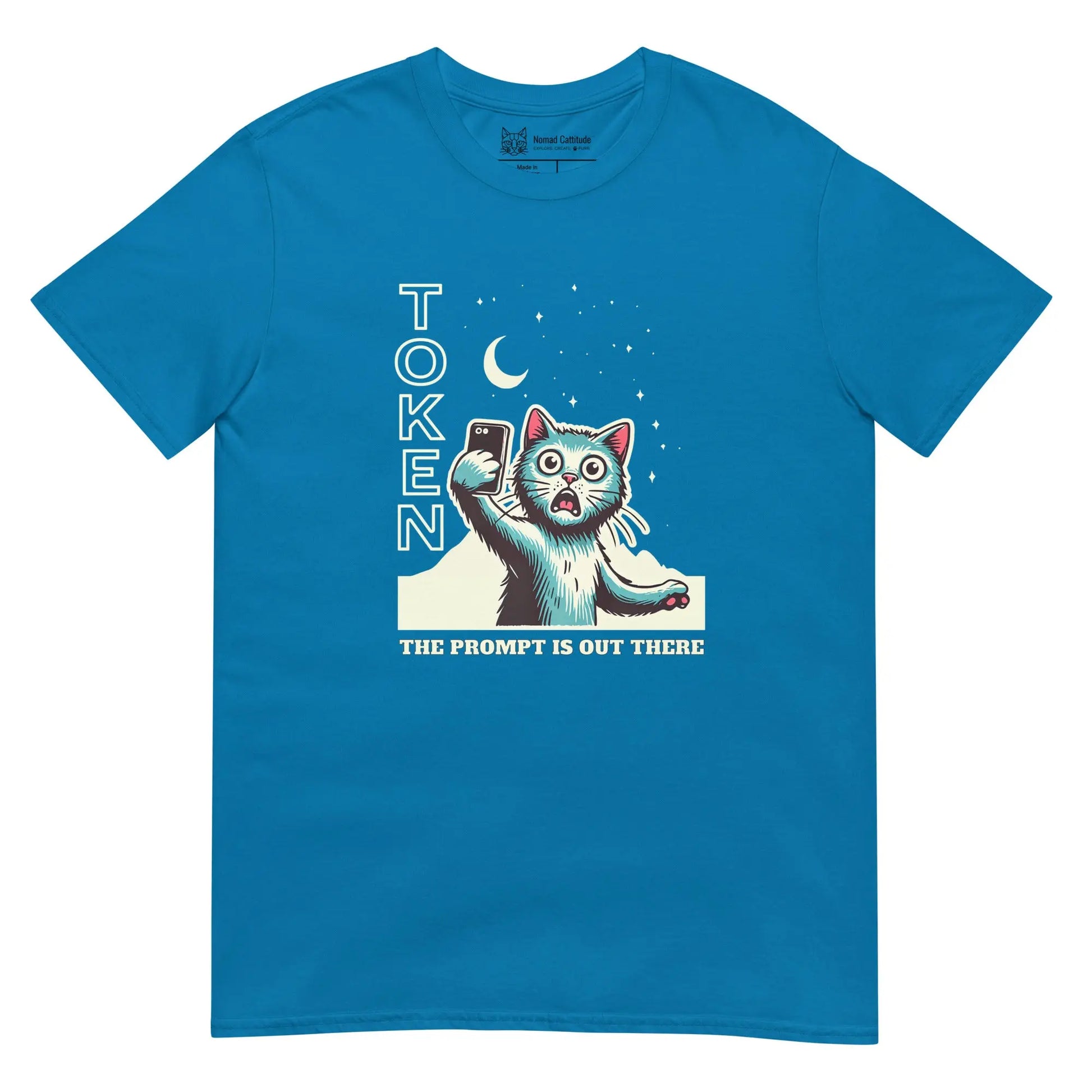 Cat themed graphic tee with AI prompt token print