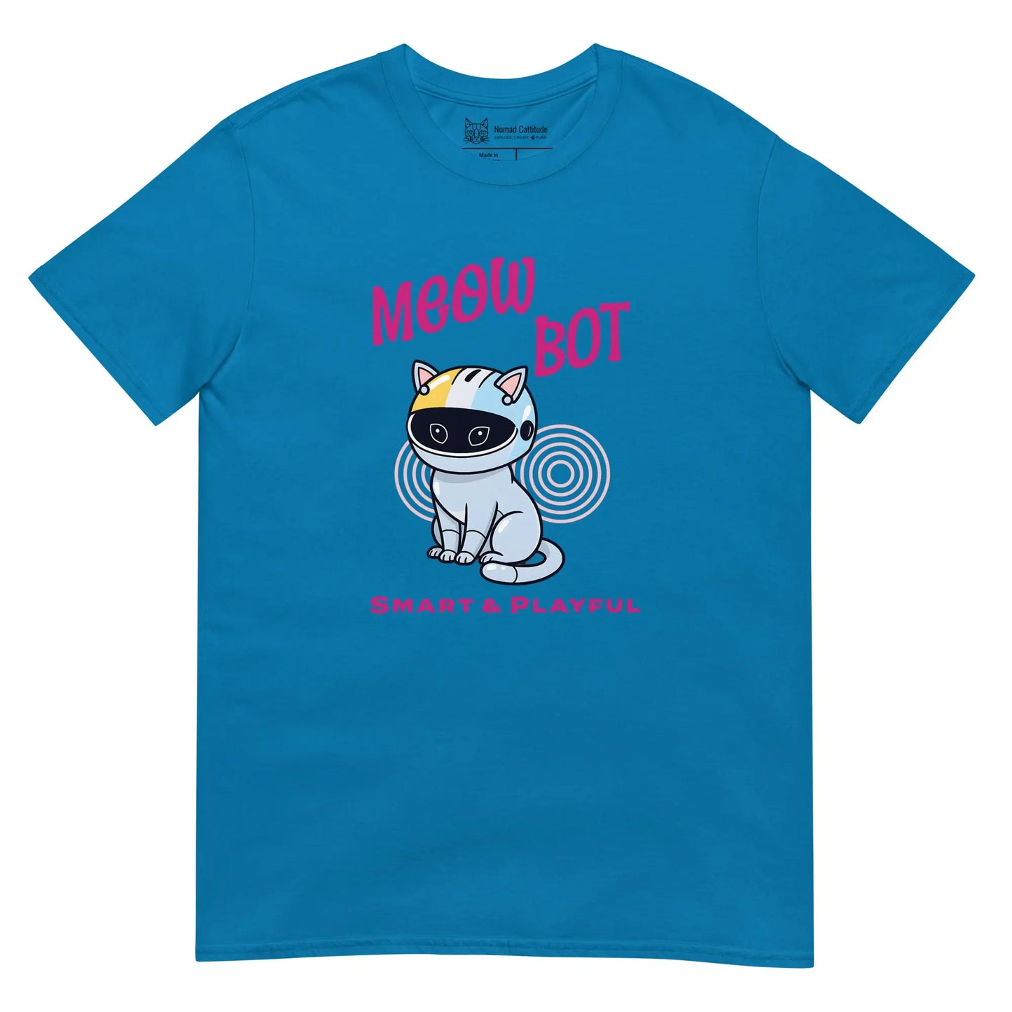 Cat themed graphic tee with meow bot print