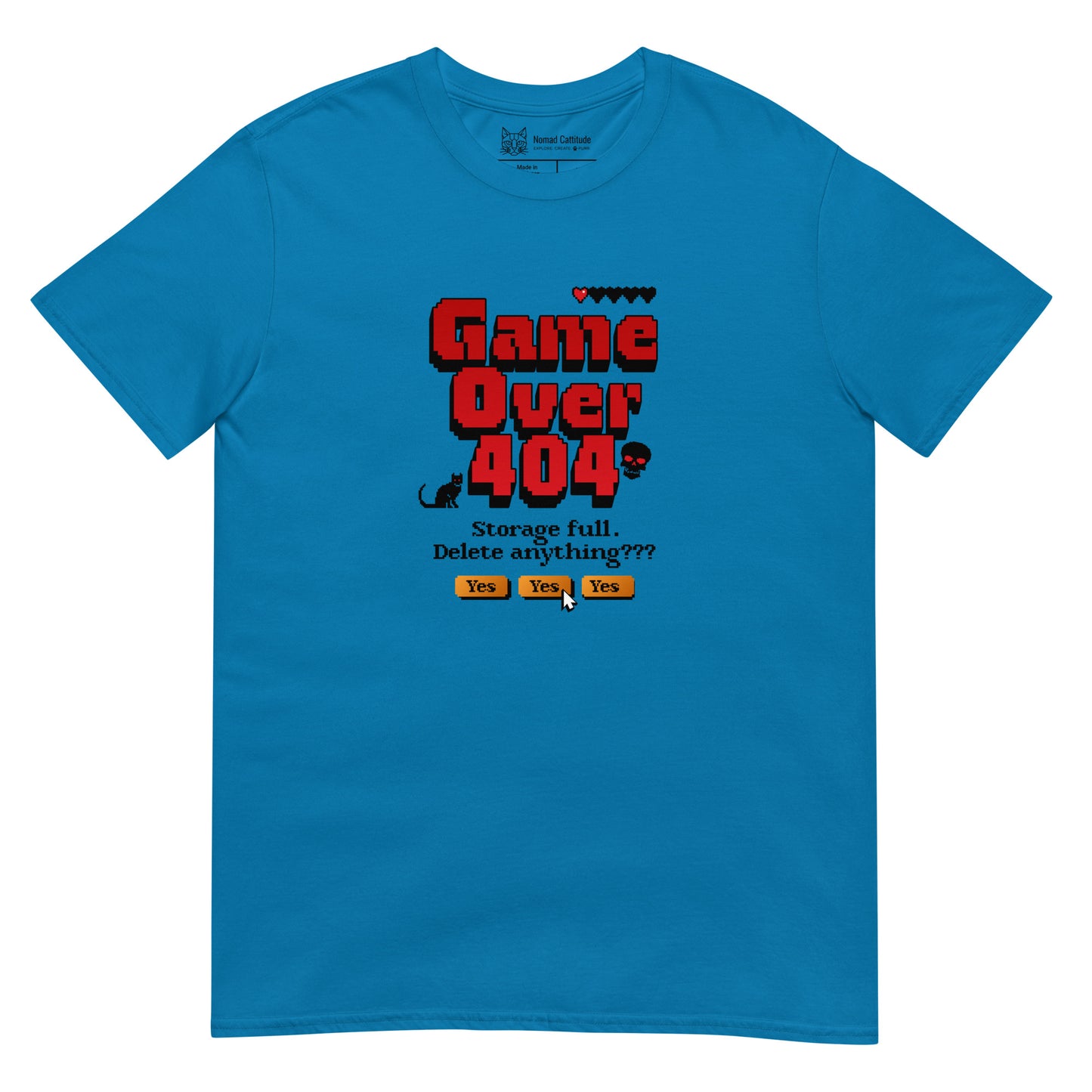 Cat themed graphic tee with error message print
