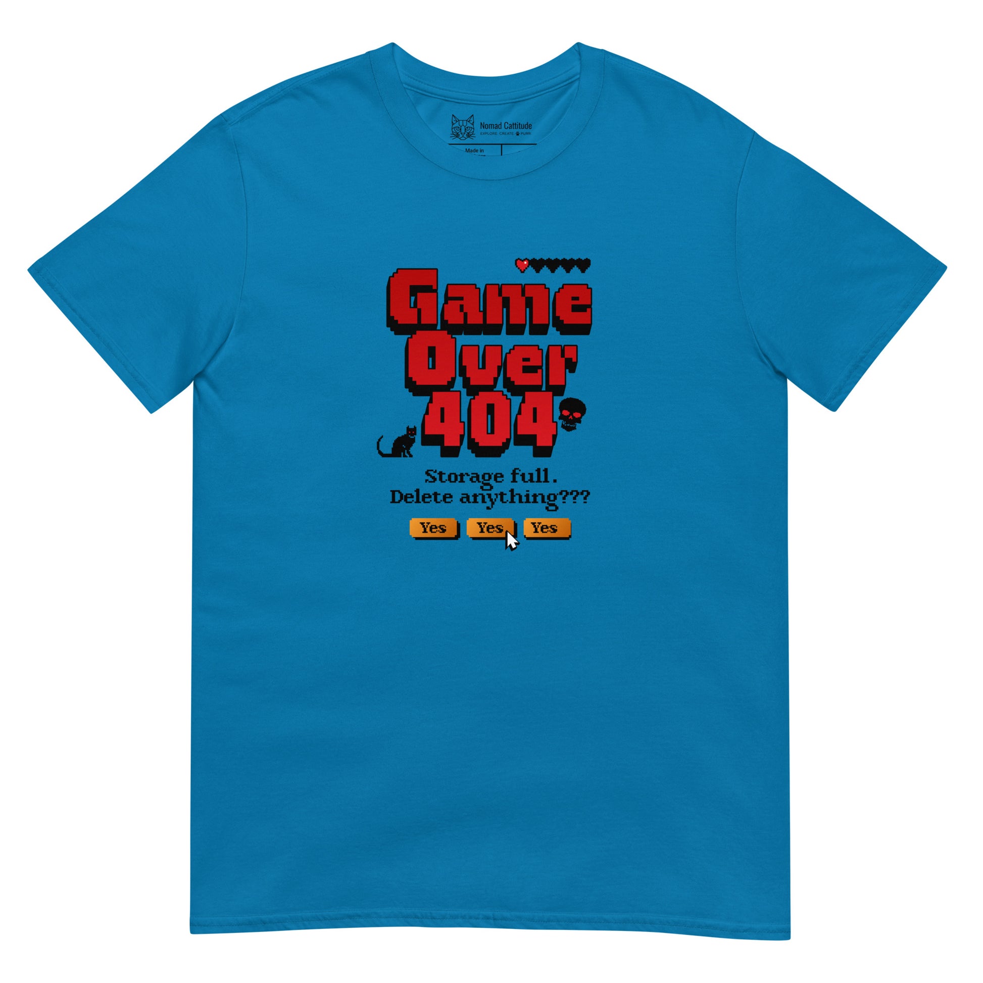 Cat themed graphic tee with error message print
