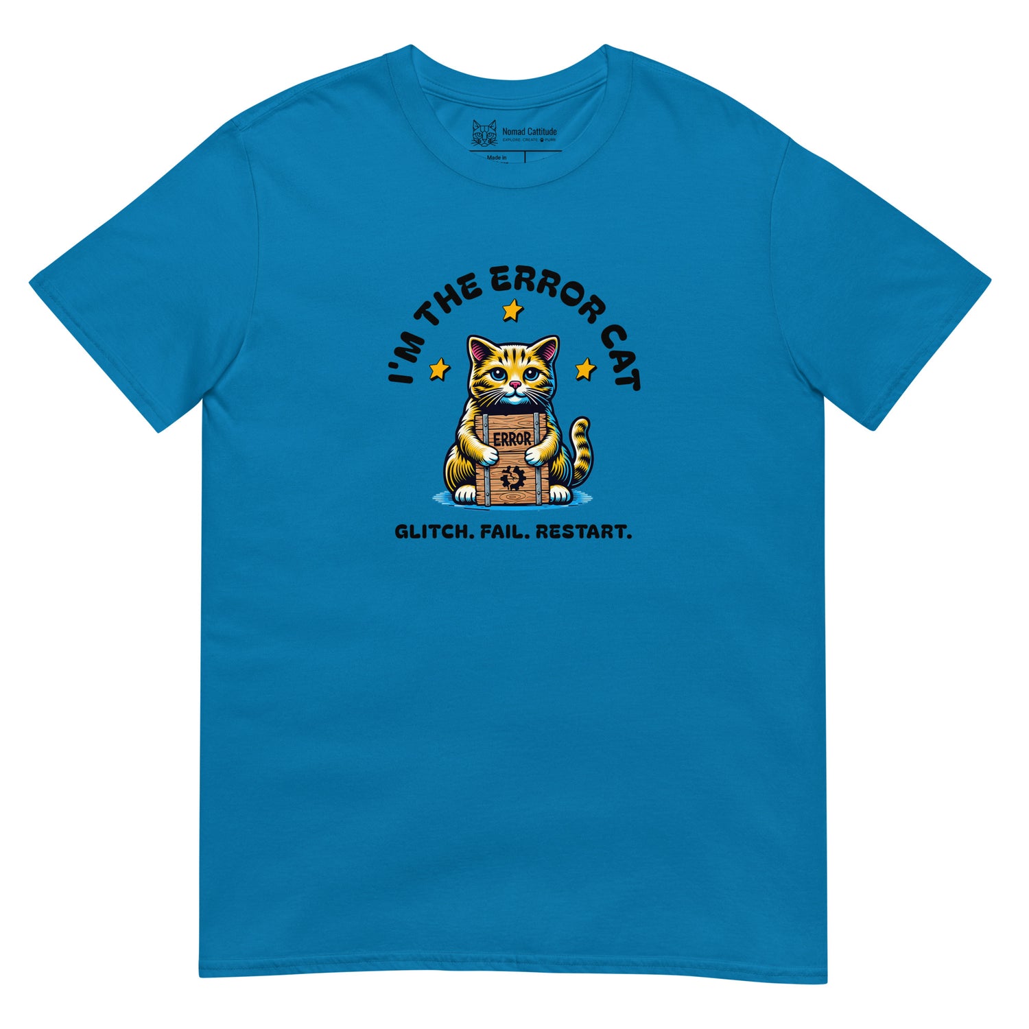 Cat themed graphic tee with error message print