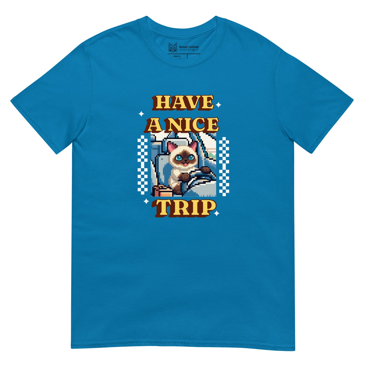 Cat themed graphic tee with vacation print