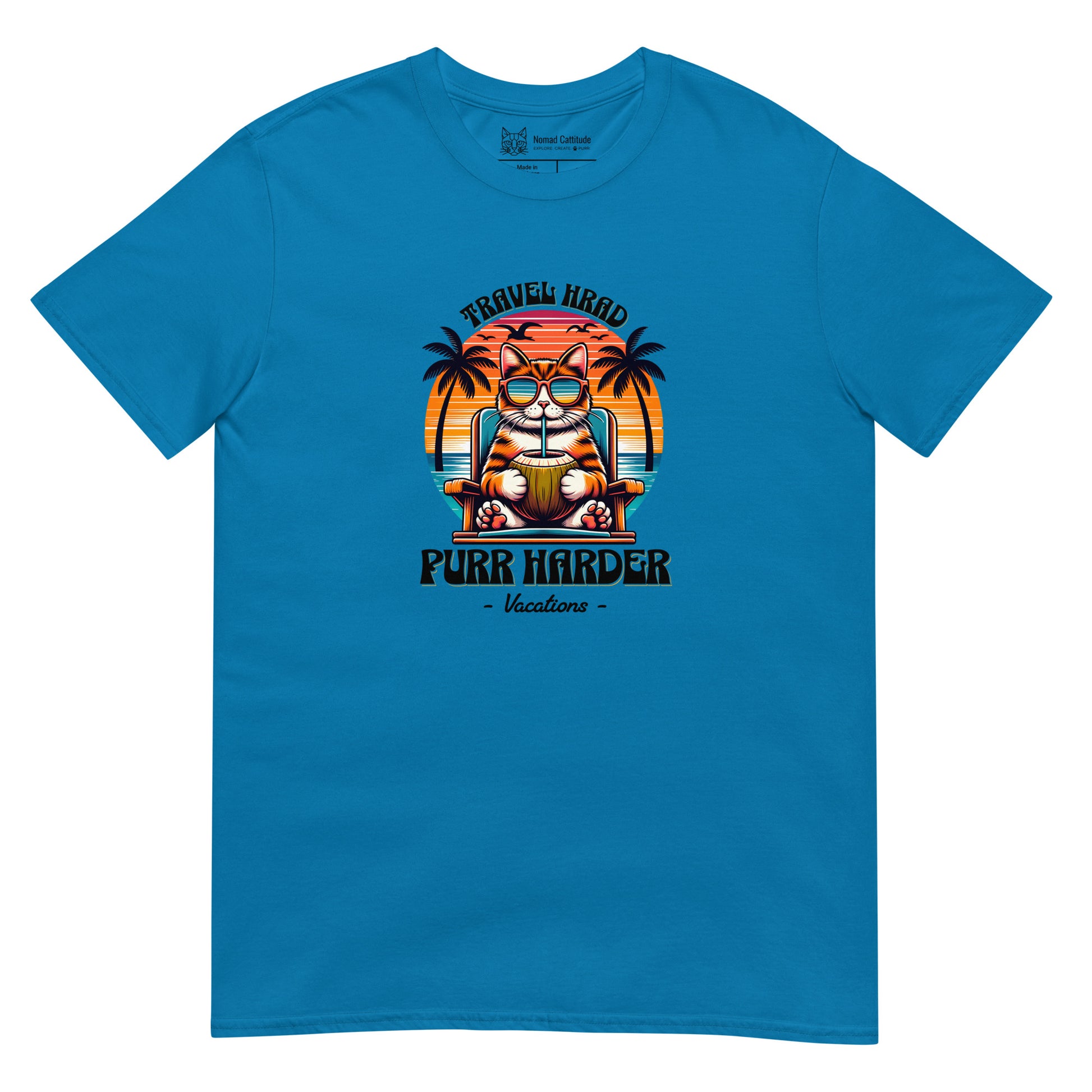 Cat themed graphic tee with vacation print