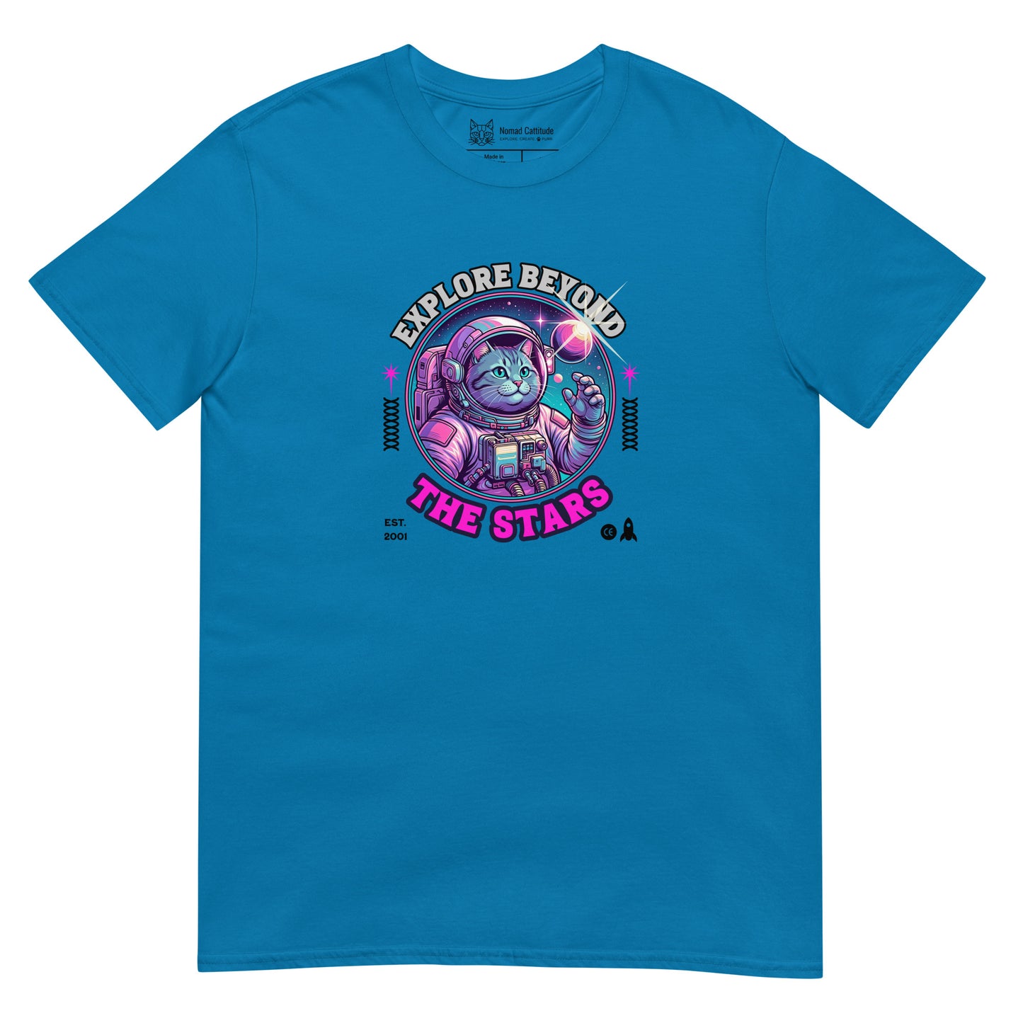 Cat themed graphic tee with space print