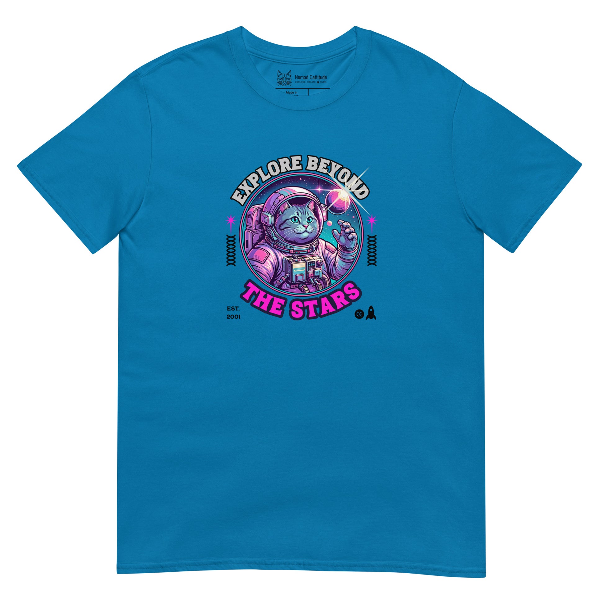 Cat themed graphic tee with space print