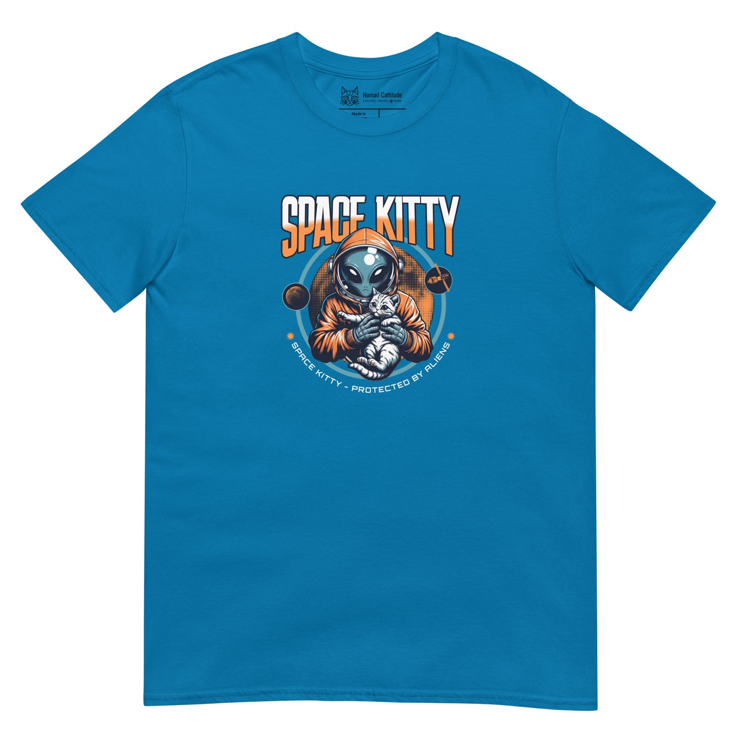 Cat themed graphic tee with space print
