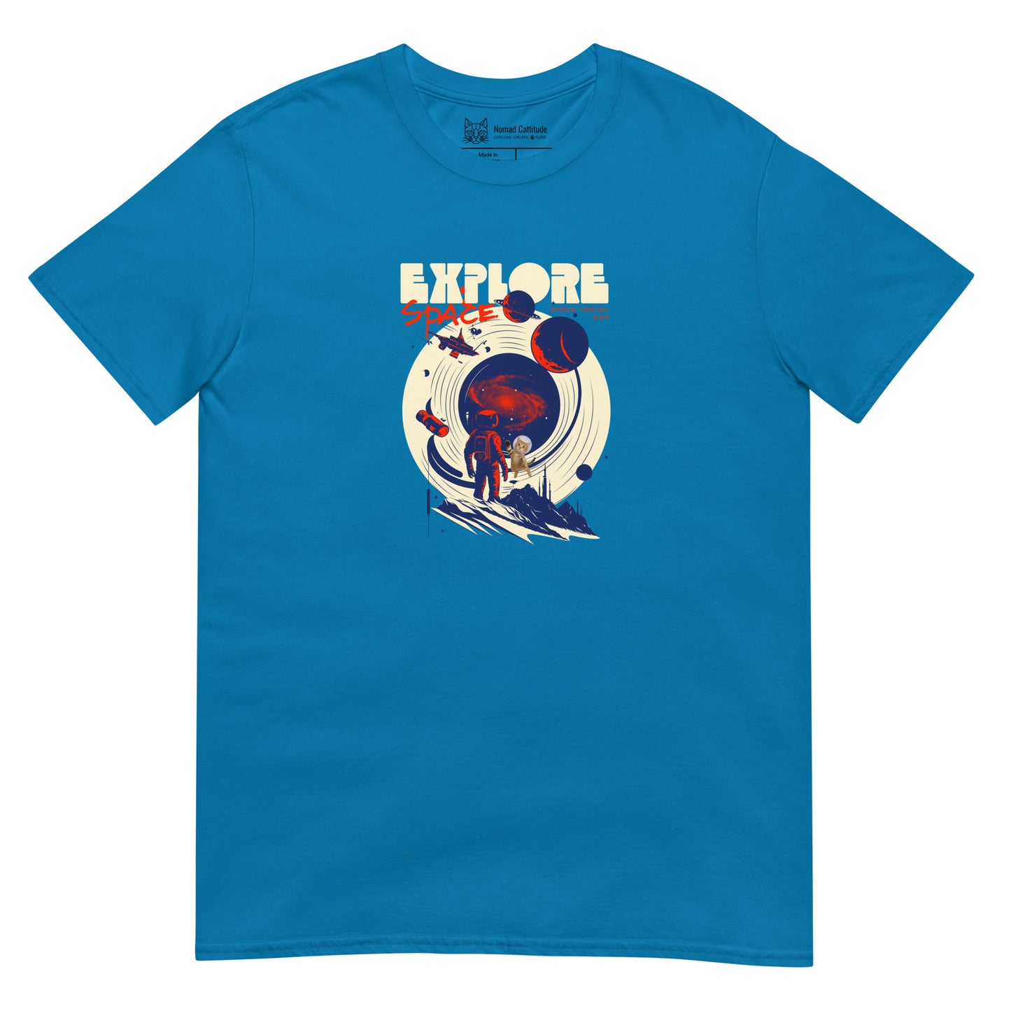 Cat themed graphic tee with space print