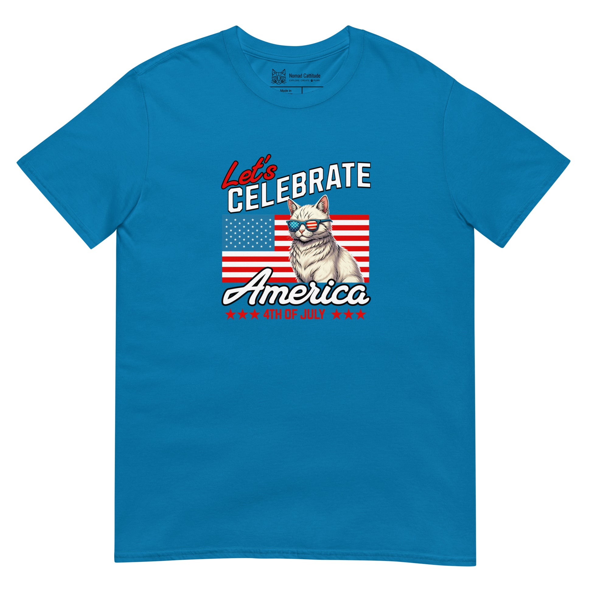 Cat themed graphic tee with USA 250th anniversary Independence Day print
