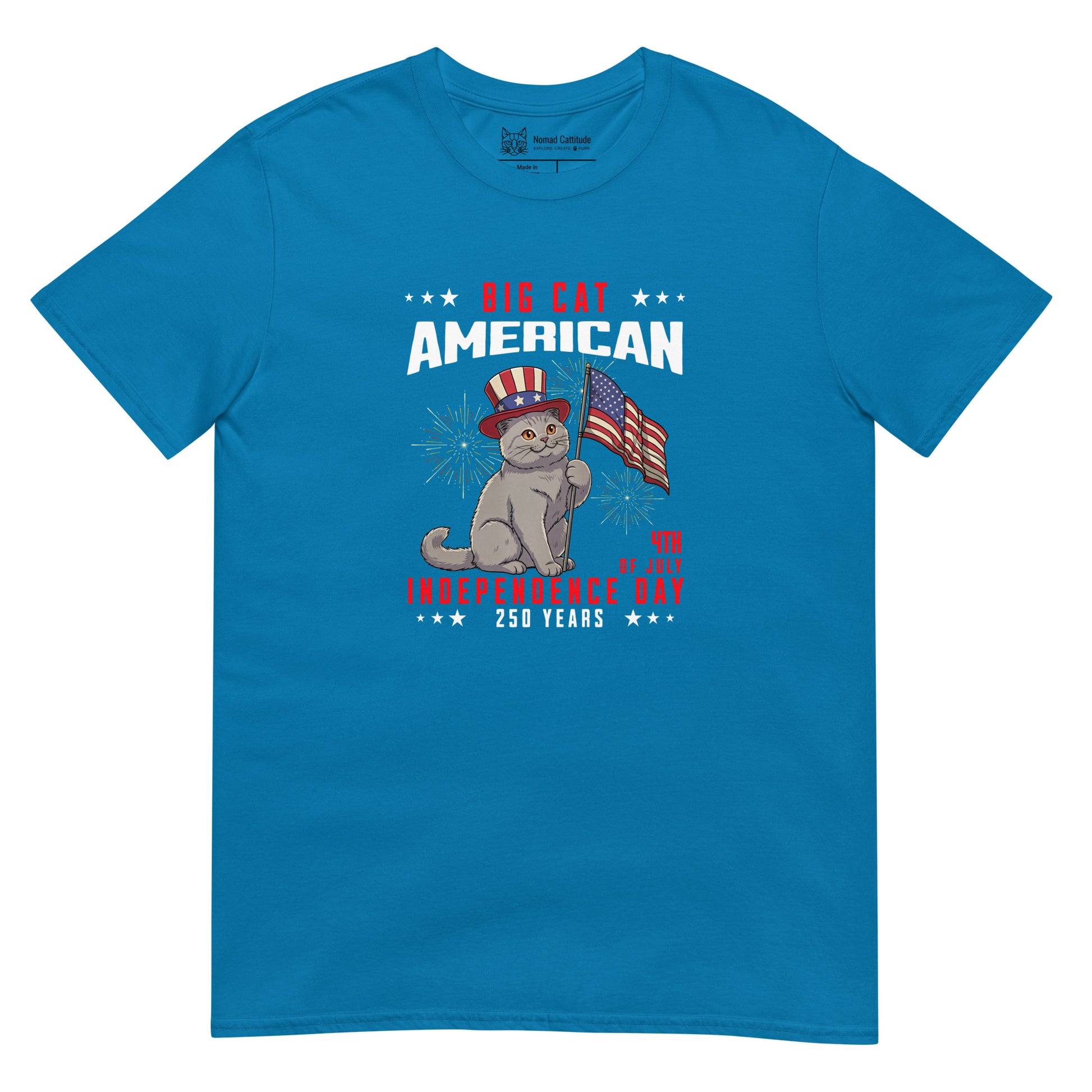 Cat themed graphic tee with USA 250th anniversary Independence Day print