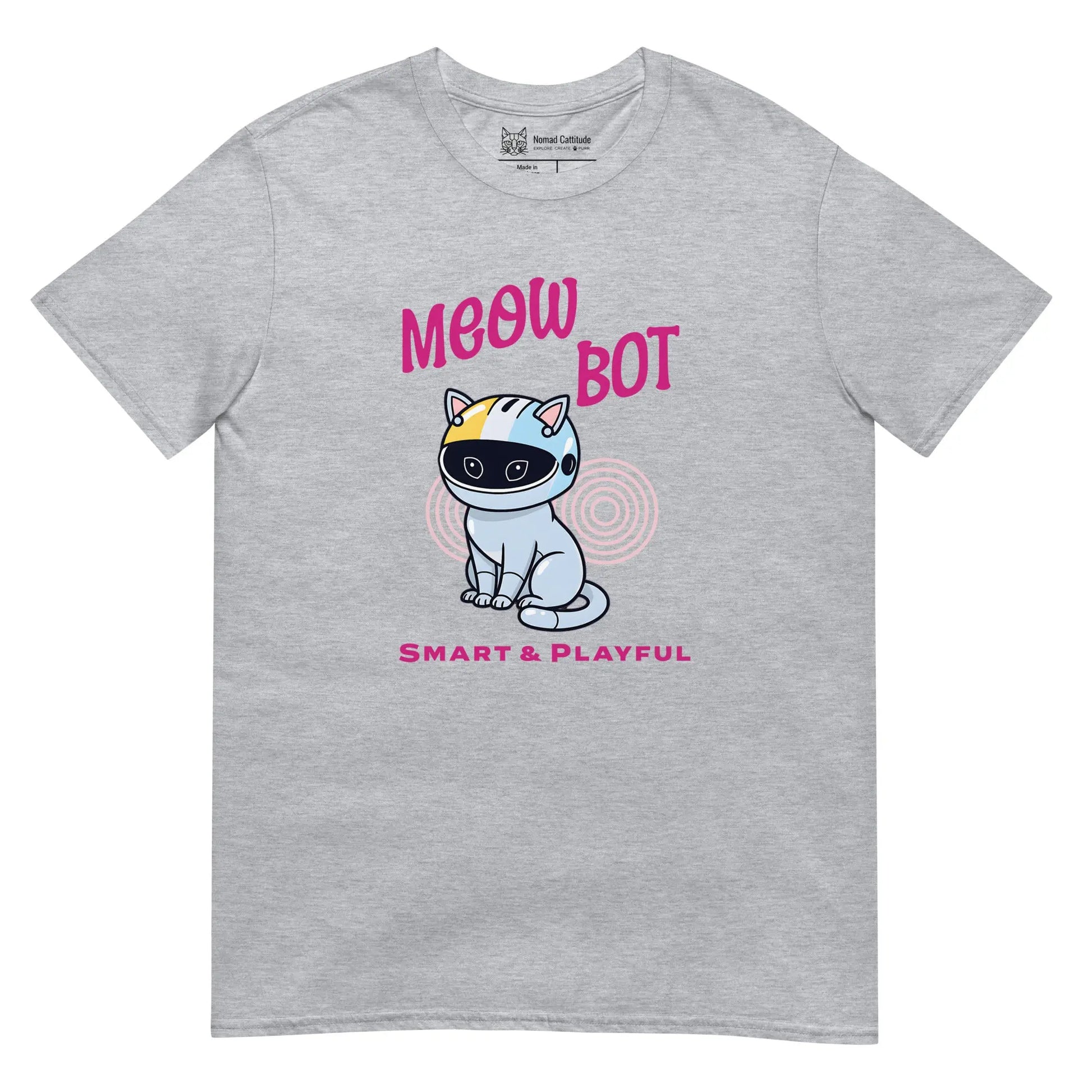 Cat themed graphic tee with meow bot print