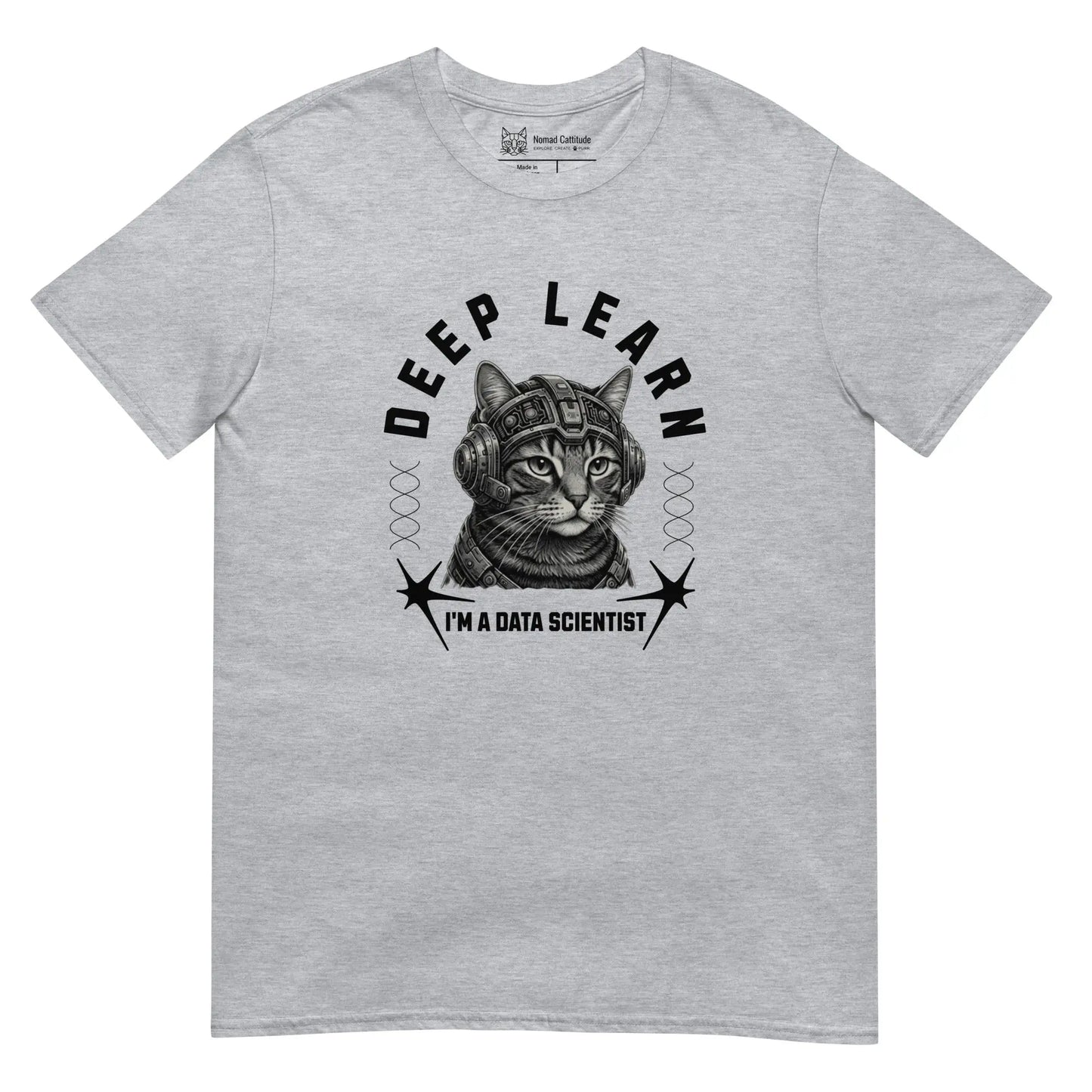 Cat themed graphic tee with data scientist print