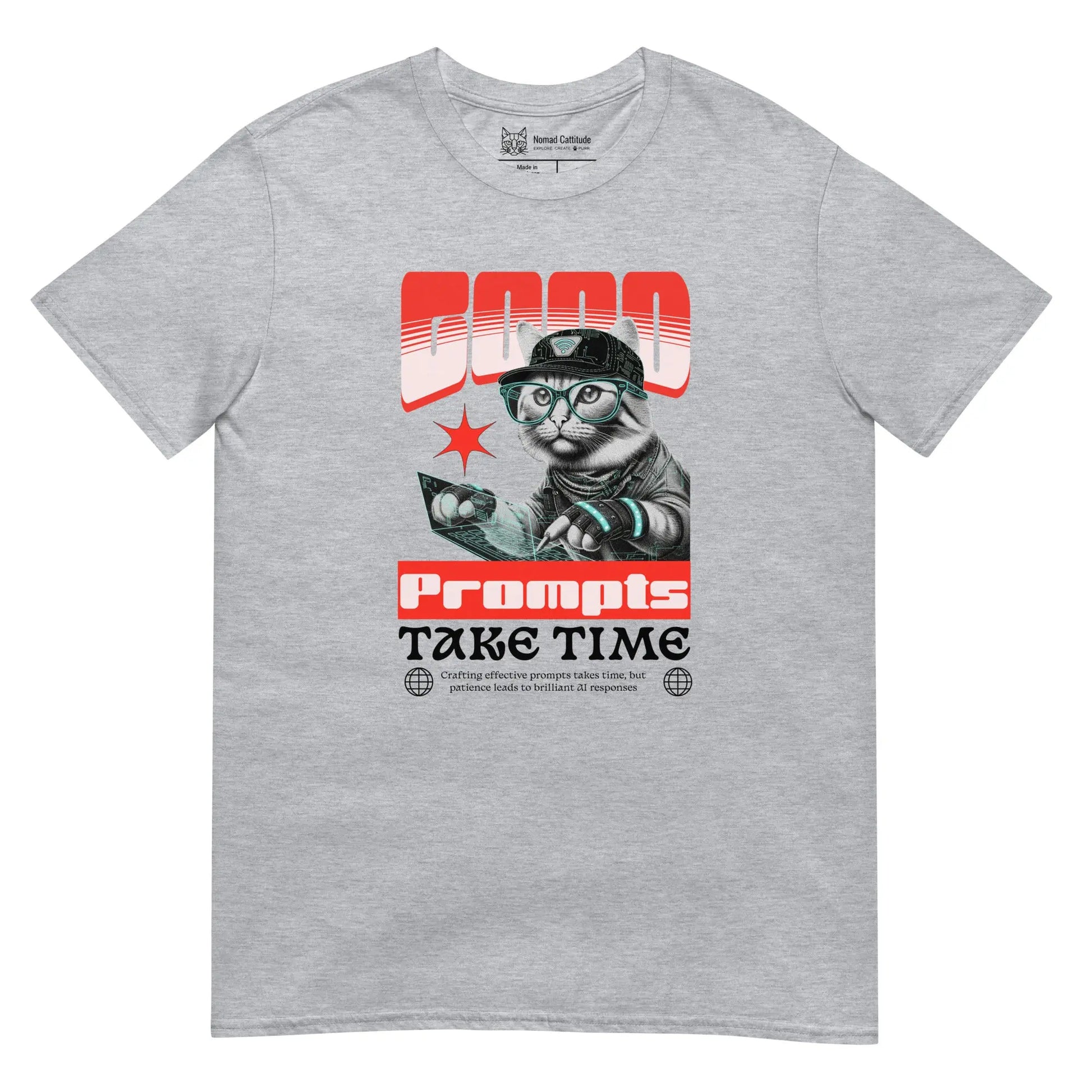 Cat themed graphic tee with AI prompts print