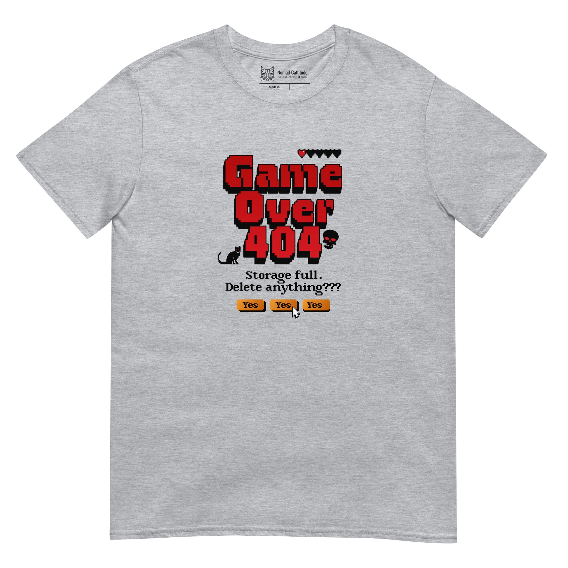 Cat themed graphic tee with error message print