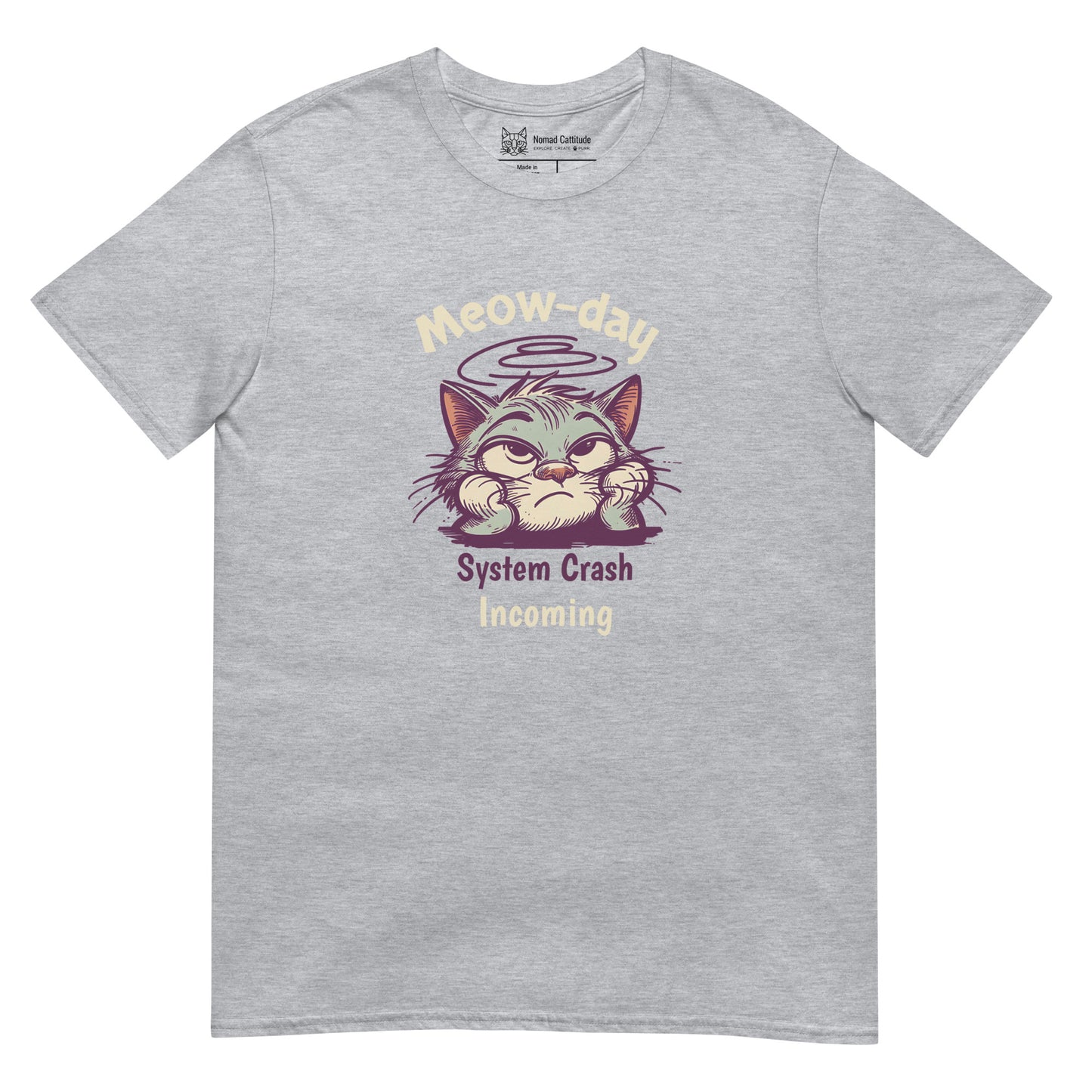 Cat themed graphic tee with error message print
