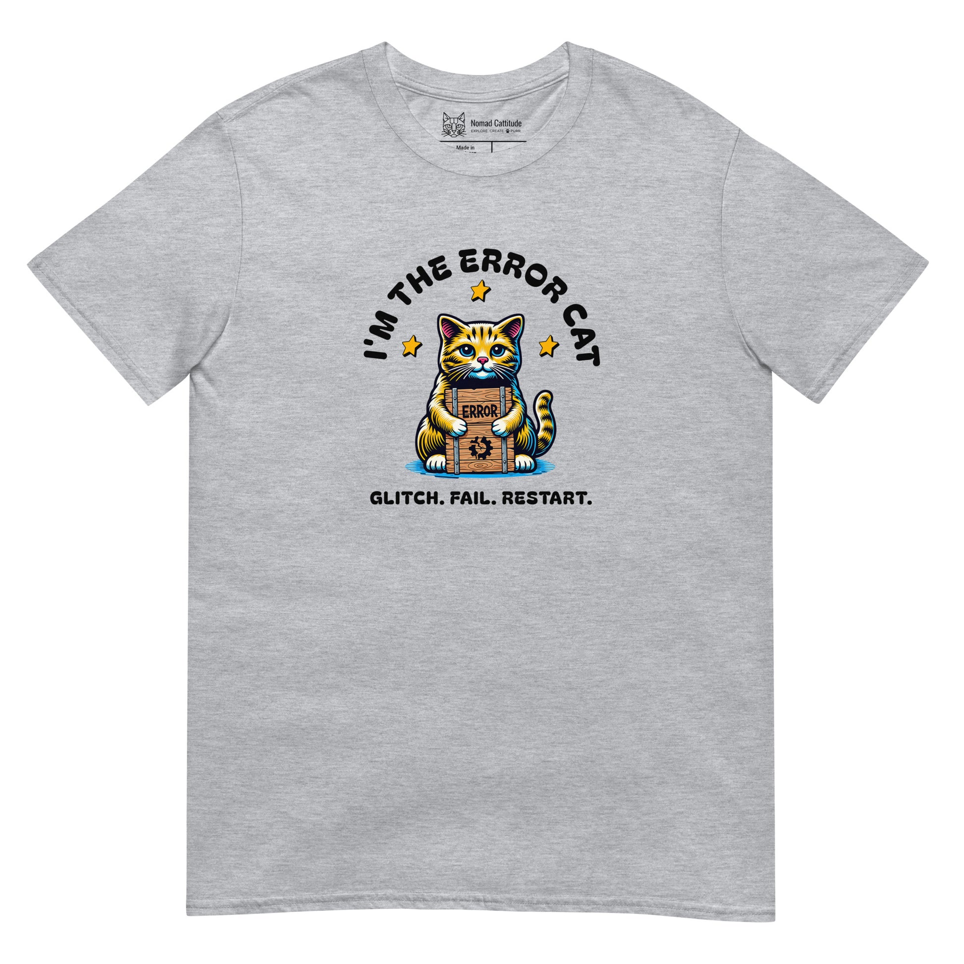 Cat themed graphic tee with error message print