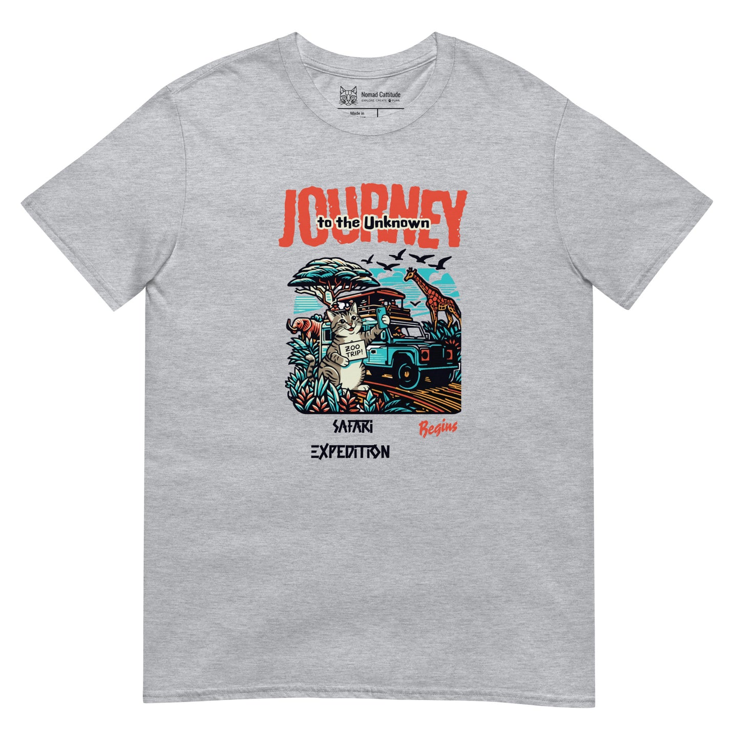 Cat themed graphic tee with vacation print