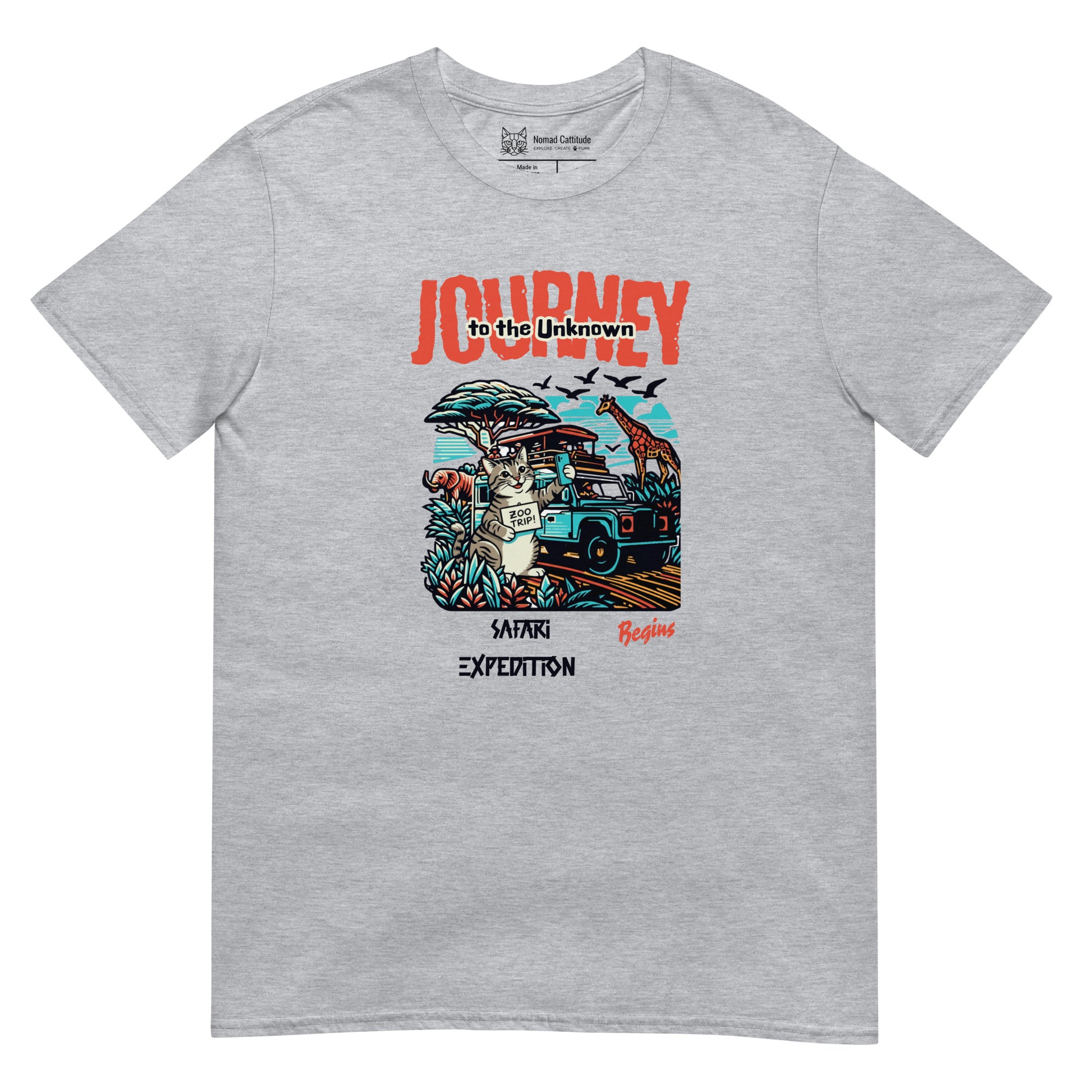 Cat themed graphic tee with vacation print