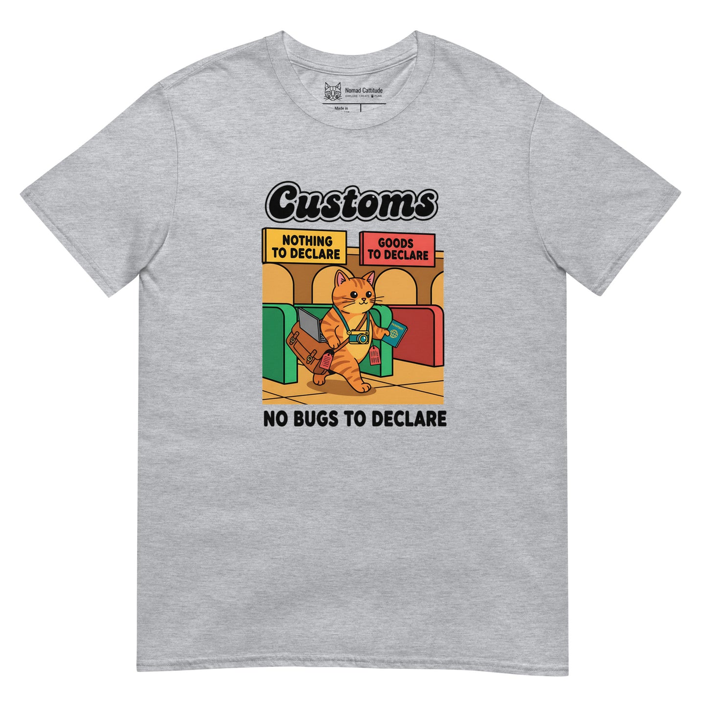 Cat themed graphic tee with vacation print