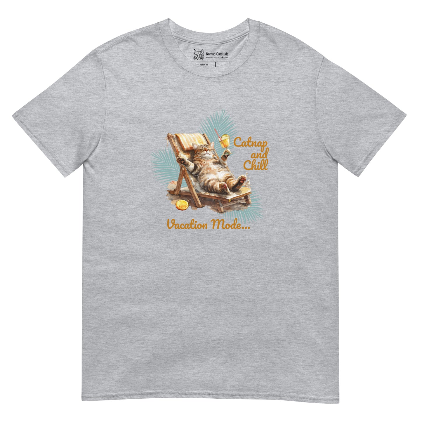 Cat themed graphic tee with vacation print