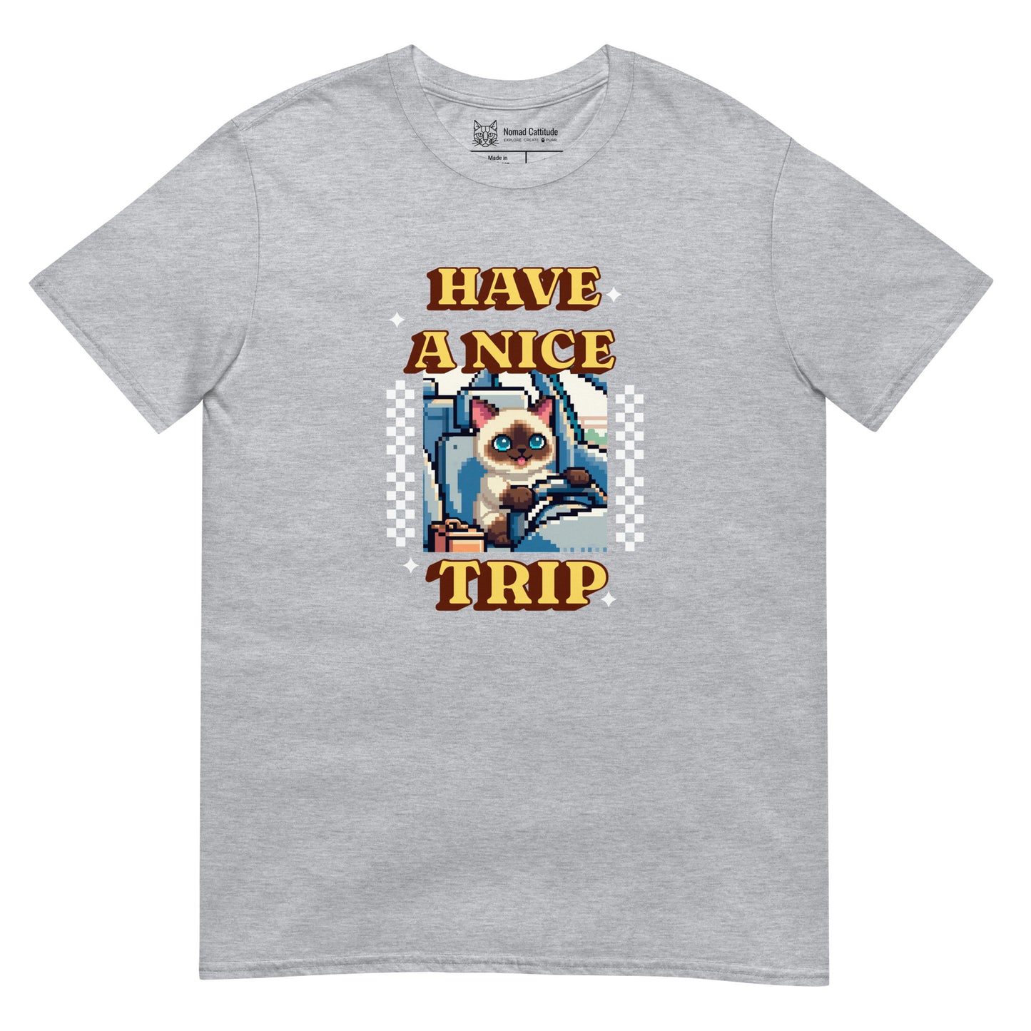 Cat themed graphic tee with vacation print