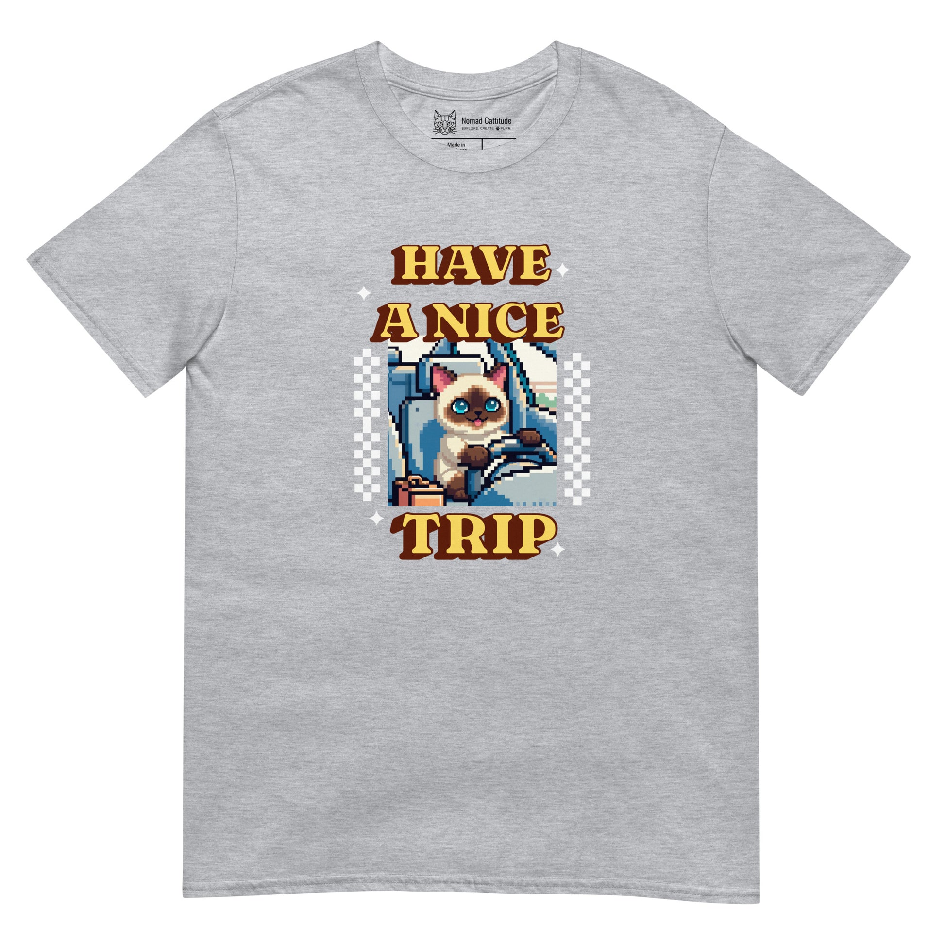 Cat themed graphic tee with vacation print