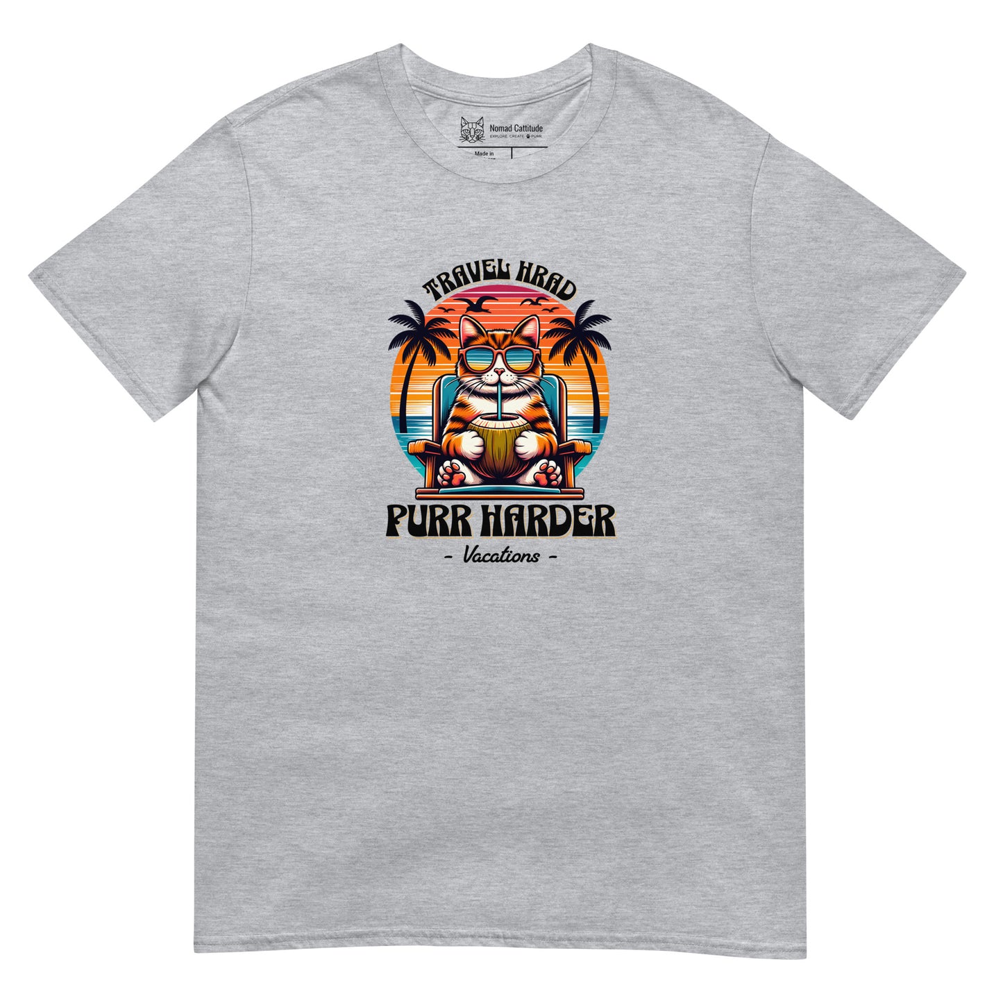 Cat themed graphic tee with vacation print