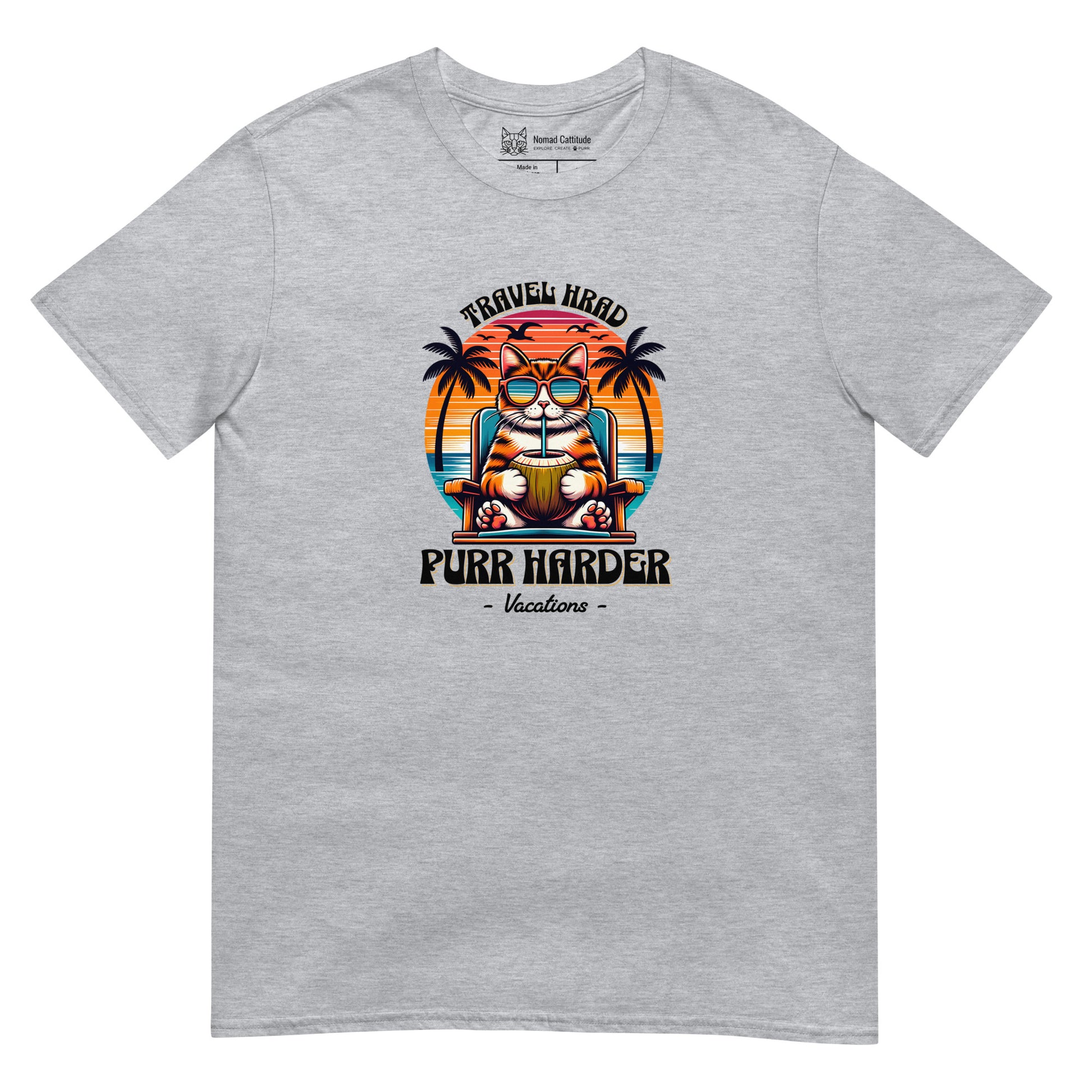 Cat themed graphic tee with vacation print