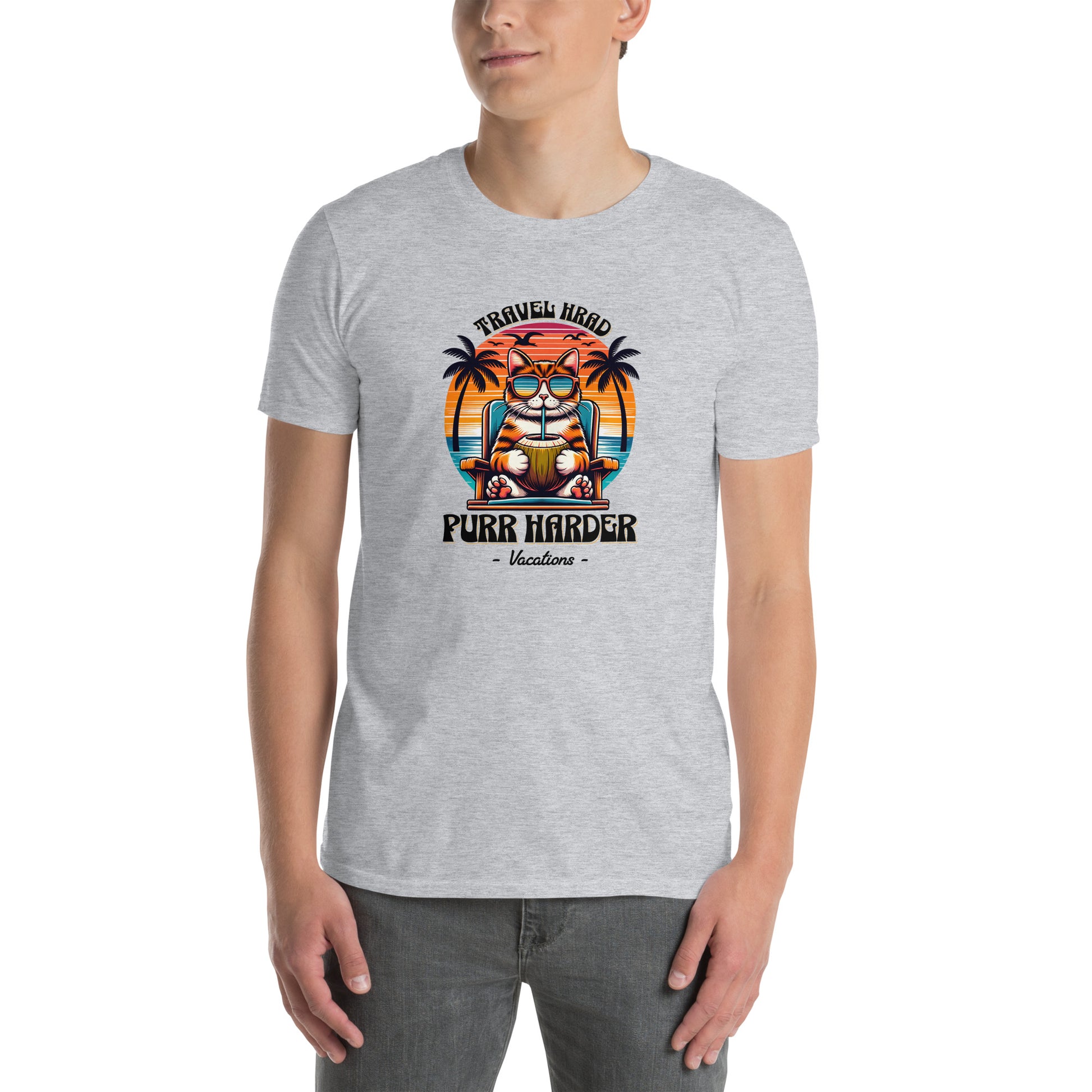 Cat themed graphic tee with vacation print