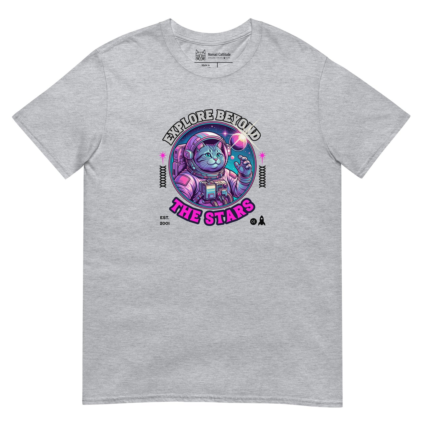 Cat themed graphic tee with space print