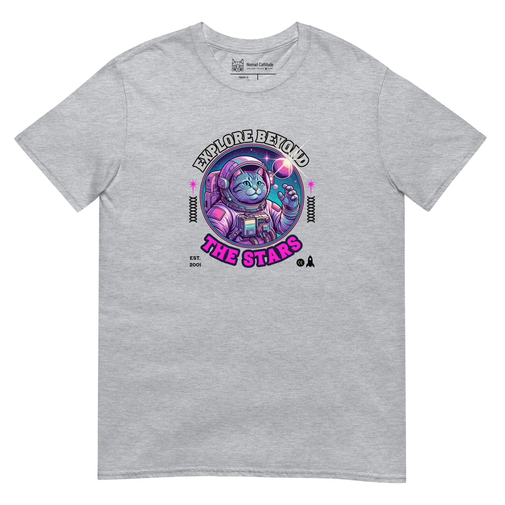 Cat themed graphic tee with space print