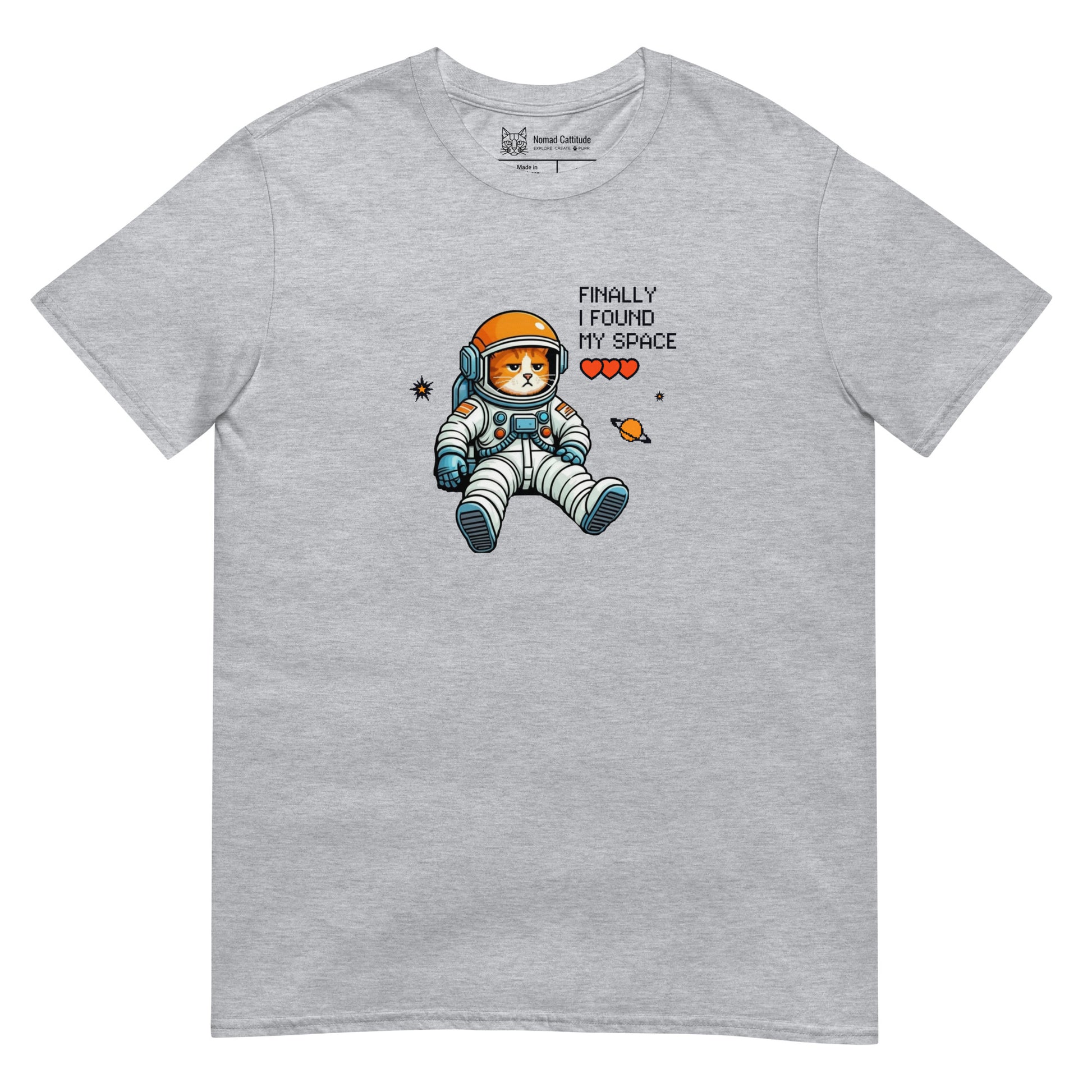 Cat themed graphic tee with space print
