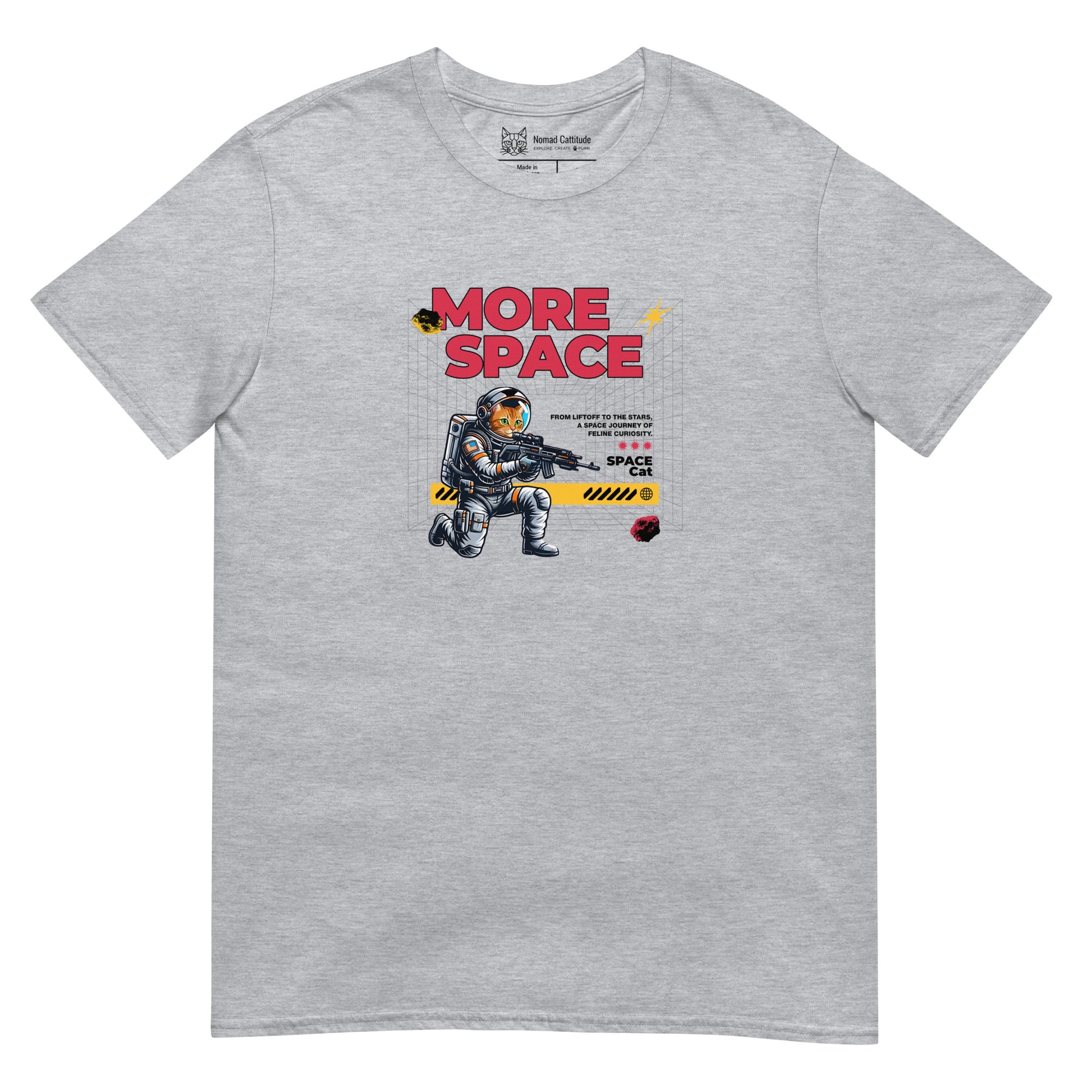 Cat themed graphic tee with space print