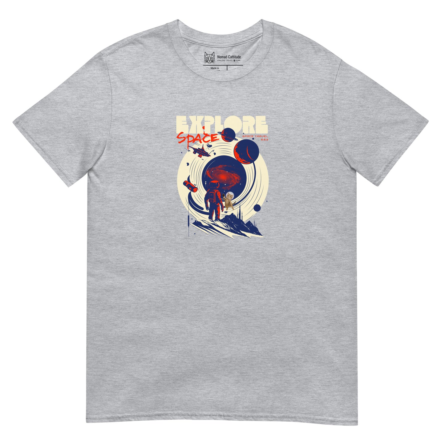 Cat themed graphic tee with space print