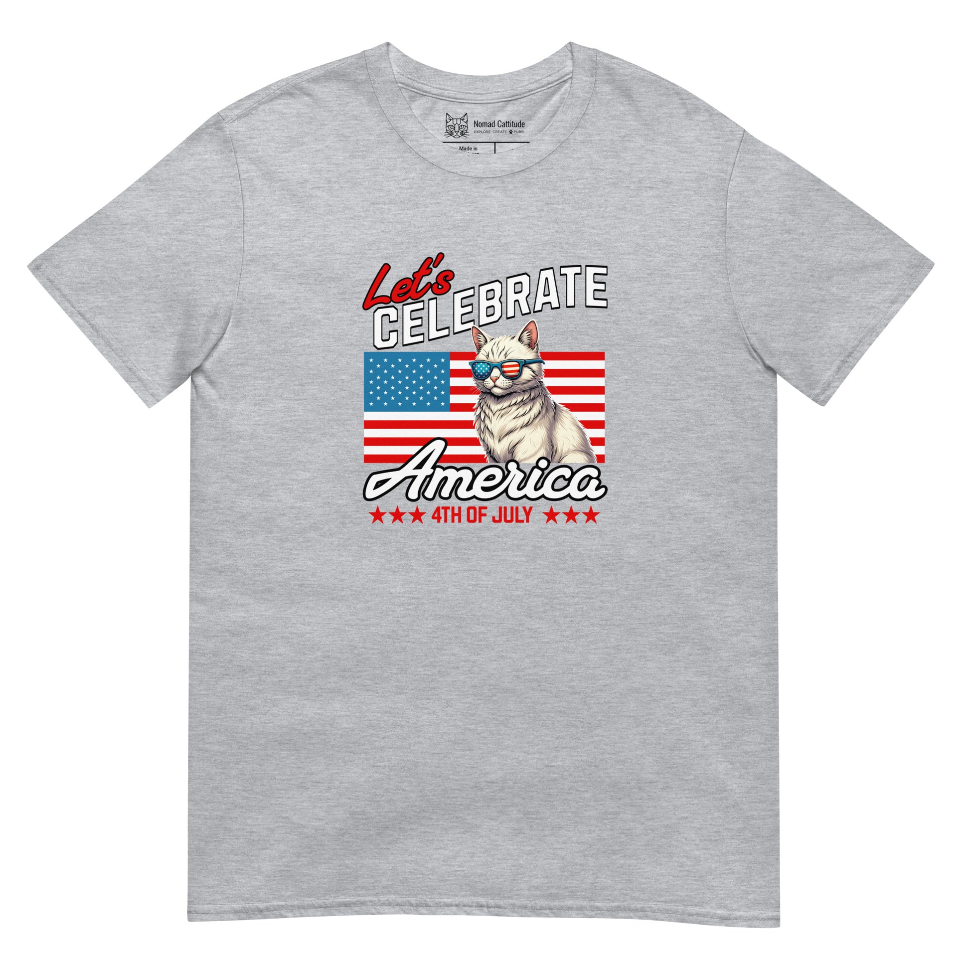 Cat themed graphic tee with USA 250th anniversary Independence Day print