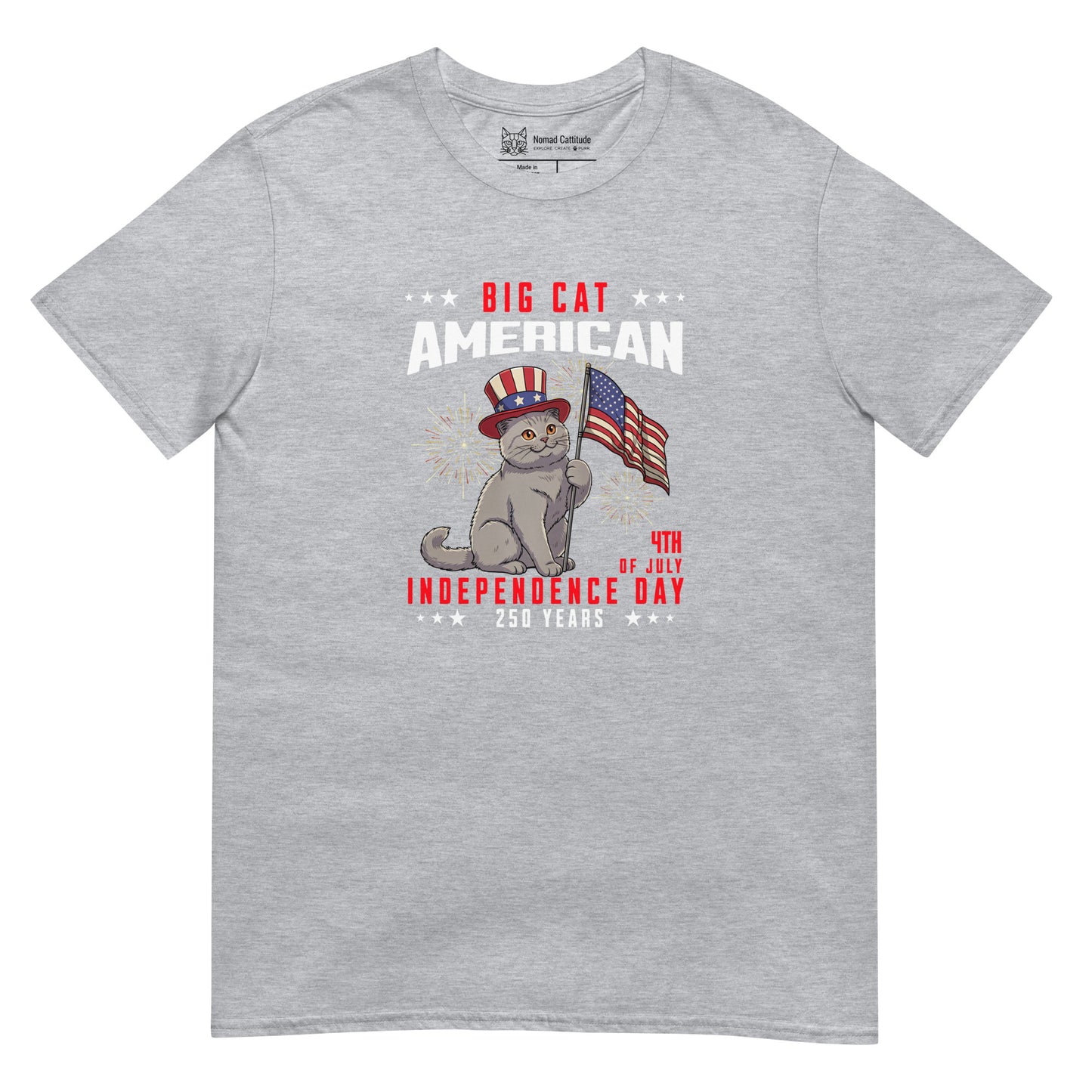 Cat themed graphic tee with USA 250th anniversary Independence Day print
