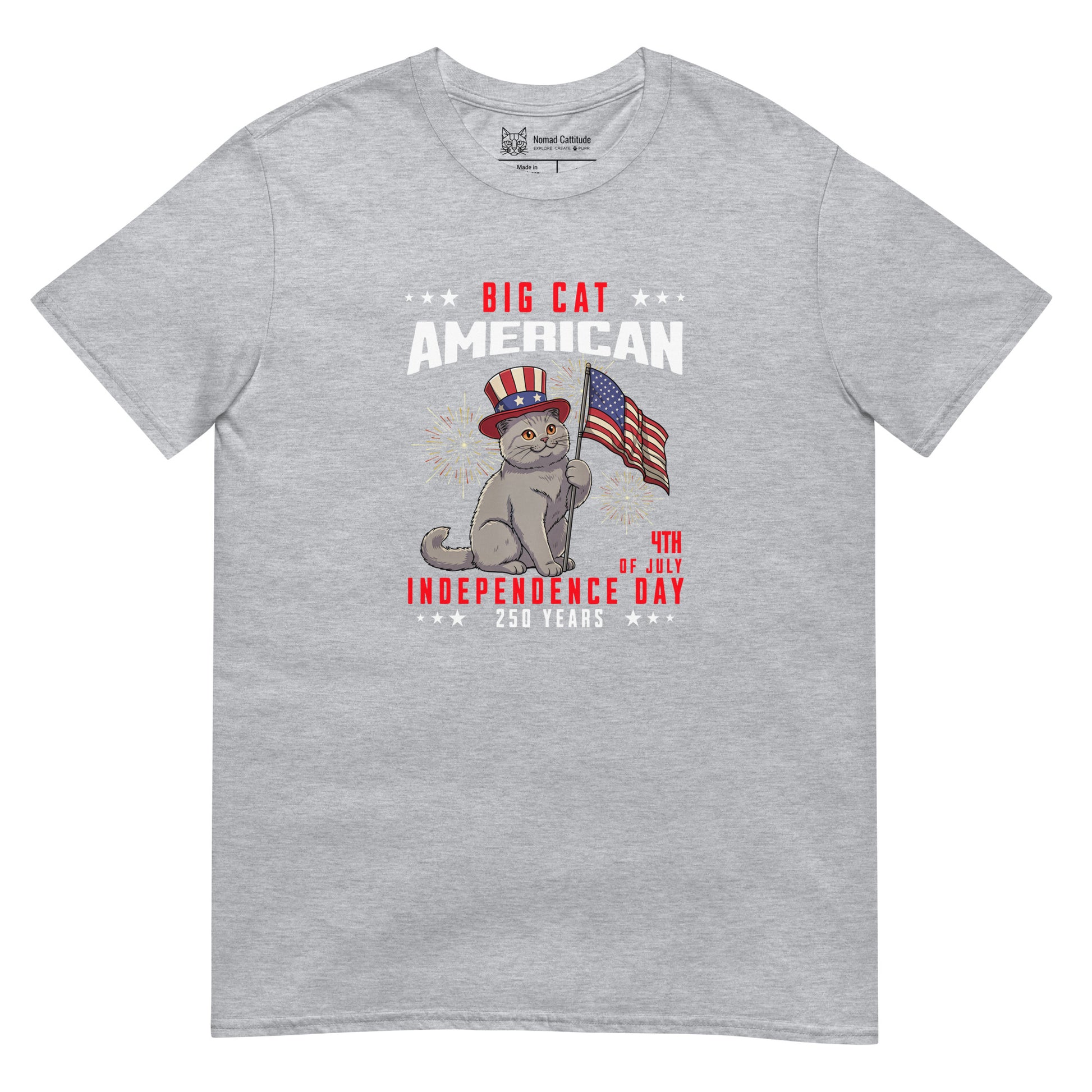 Cat themed graphic tee with USA 250th anniversary Independence Day print