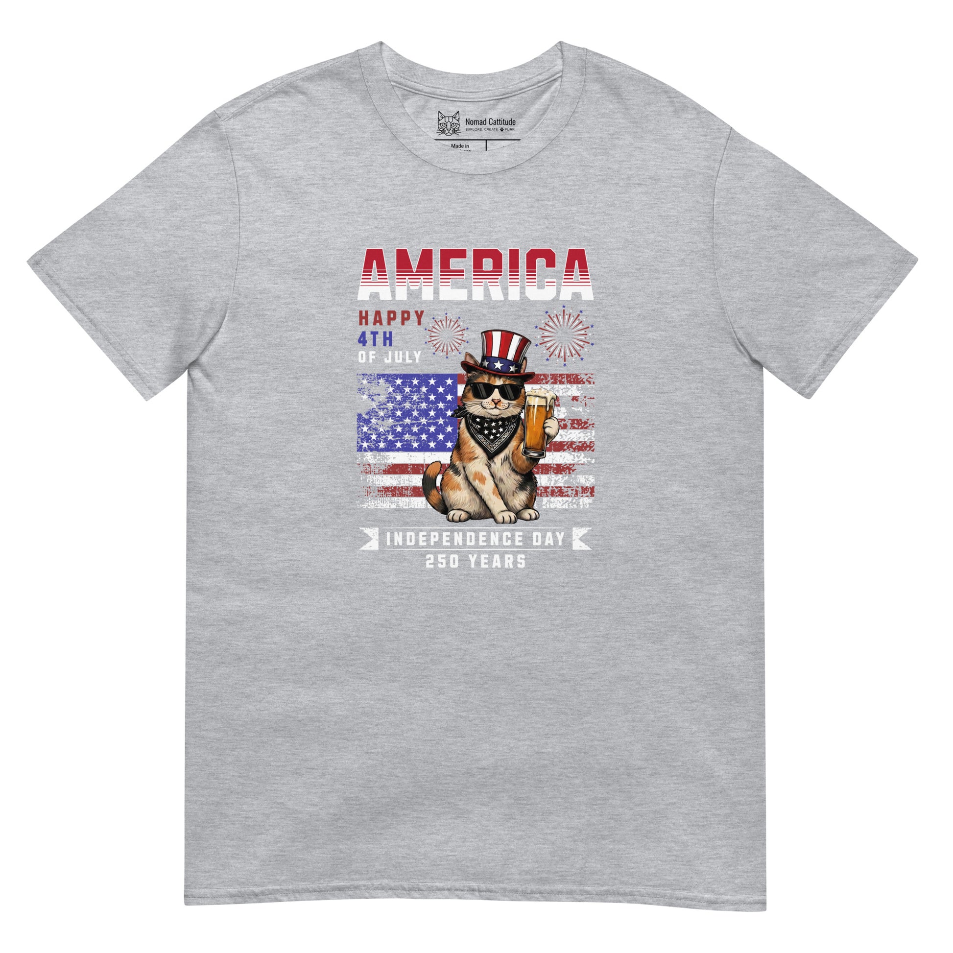 Cat themed graphic tee with USA 250th anniversary Independence Day print