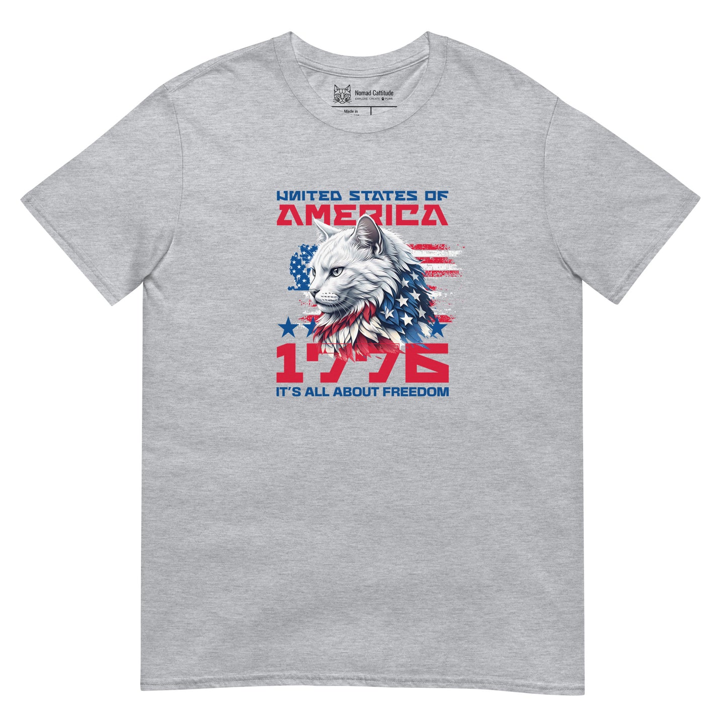 Cat themed graphic tee with 1776 USA eagle patriotic print
