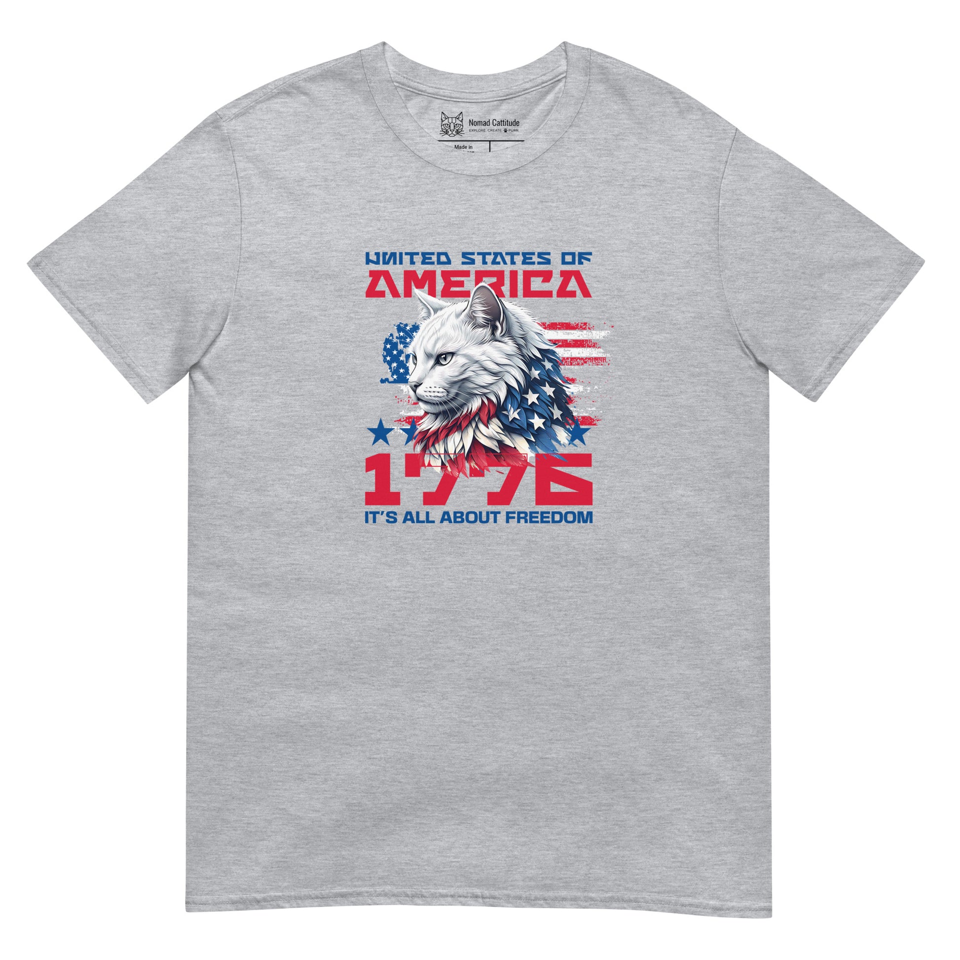 Cat themed graphic tee with 1776 USA eagle patriotic print