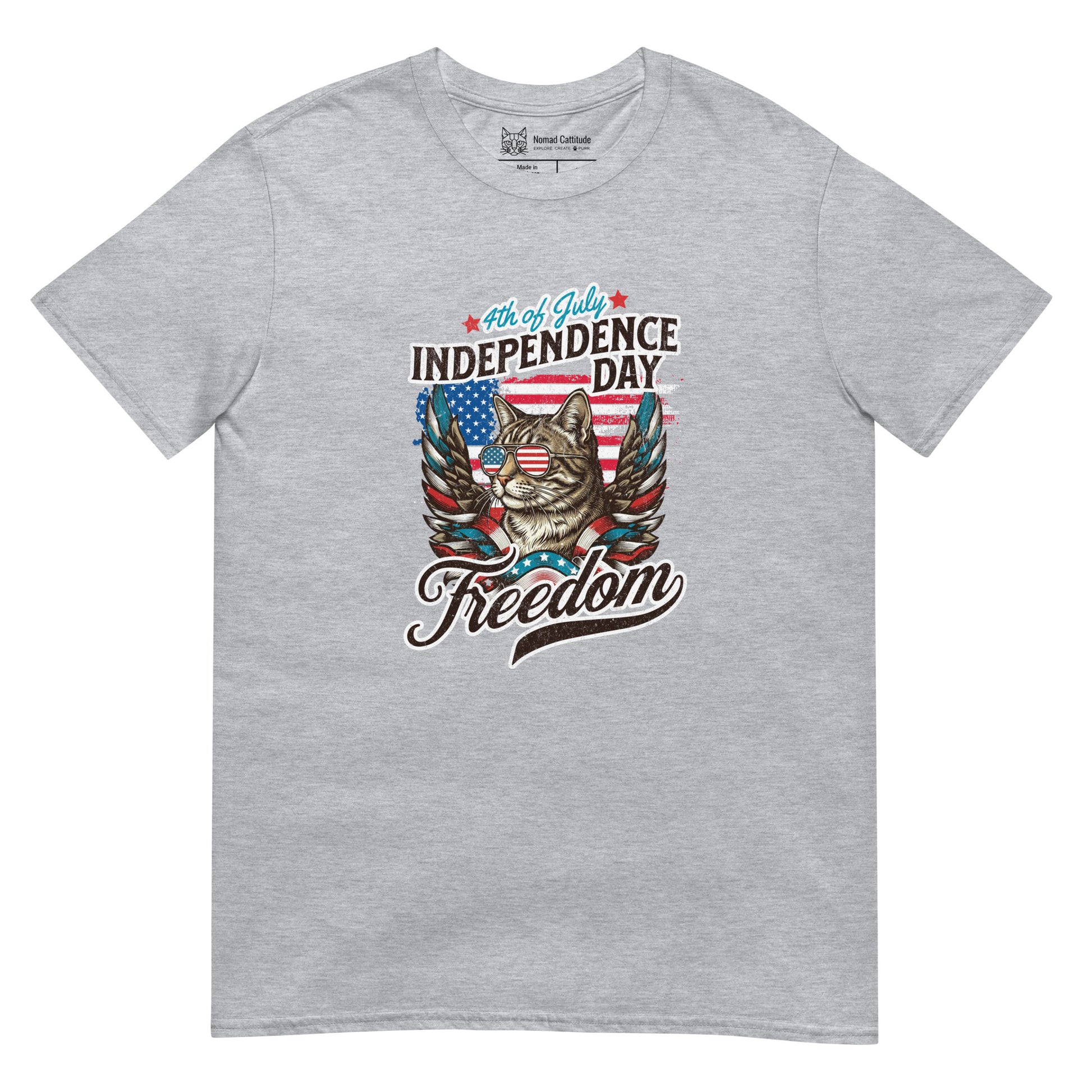 Cat themed graphic tee with July 4th freedom print