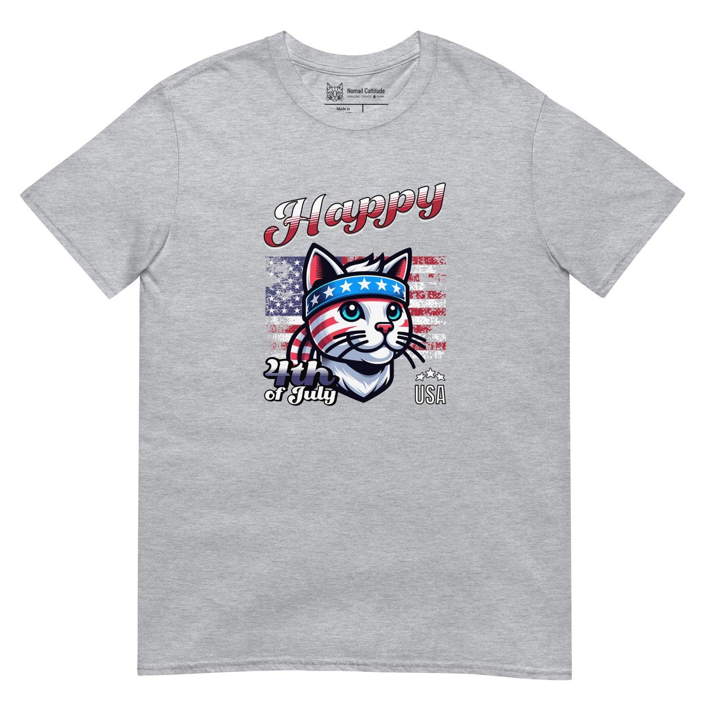 Cat themed graphic tee with USA anniversary Independence Day print