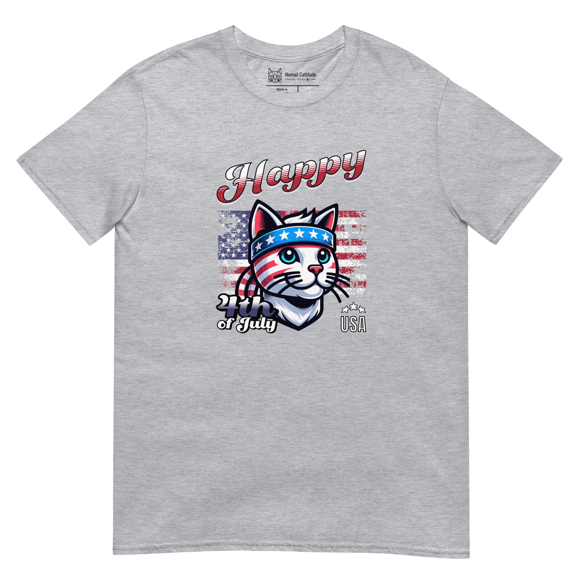 Cat themed graphic tee with USA anniversary Independence Day print