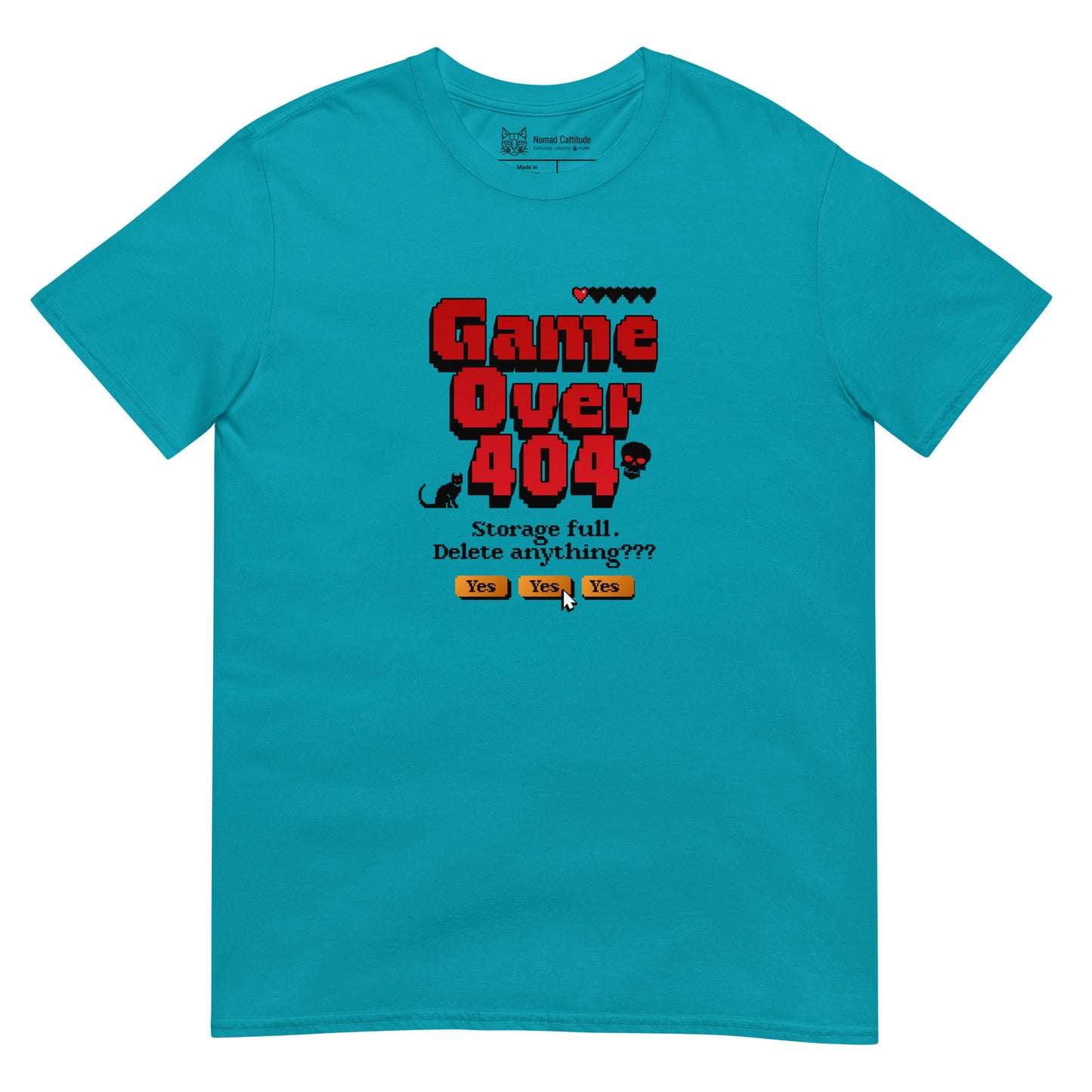 Cat themed graphic tee with error message print