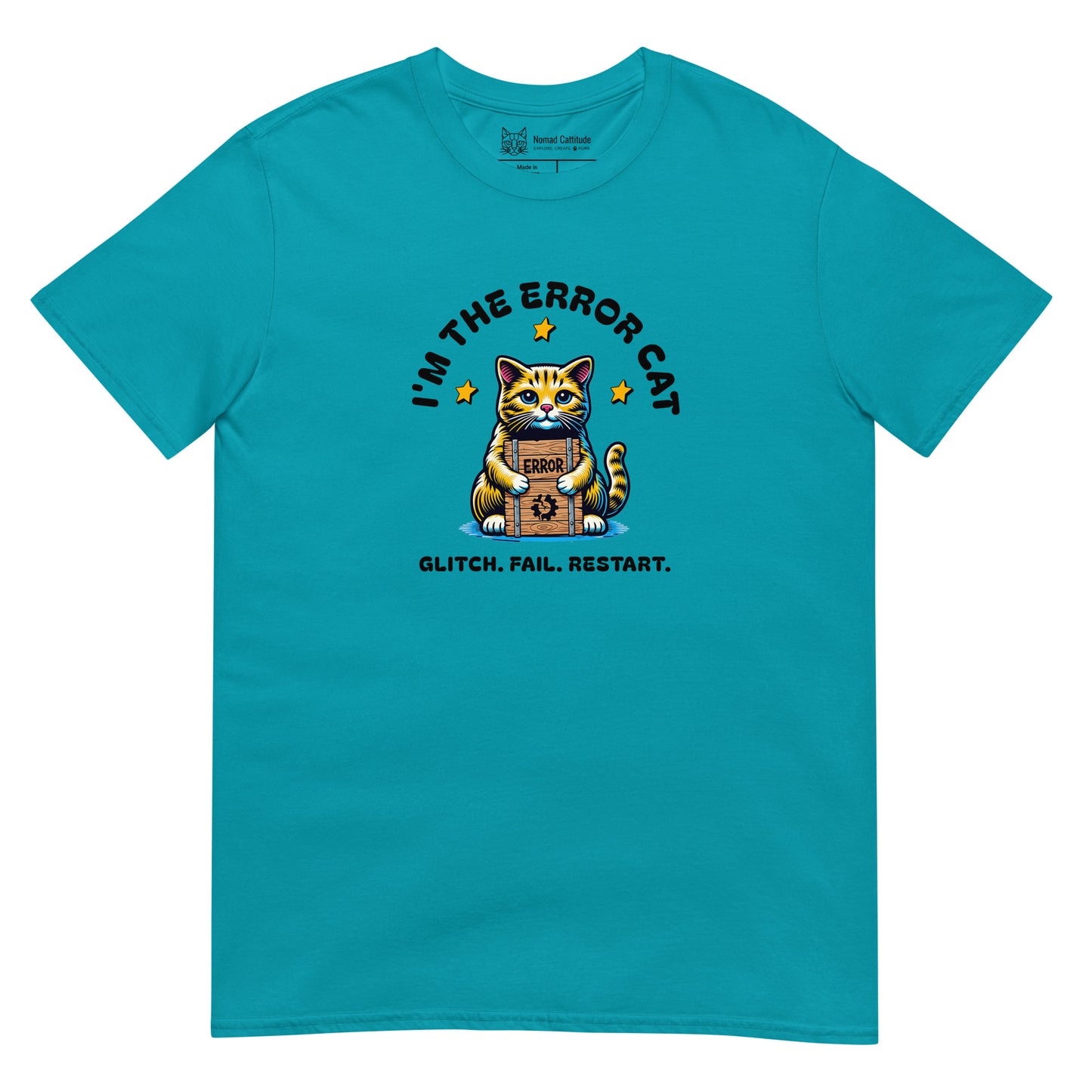Cat themed graphic tee with error message print