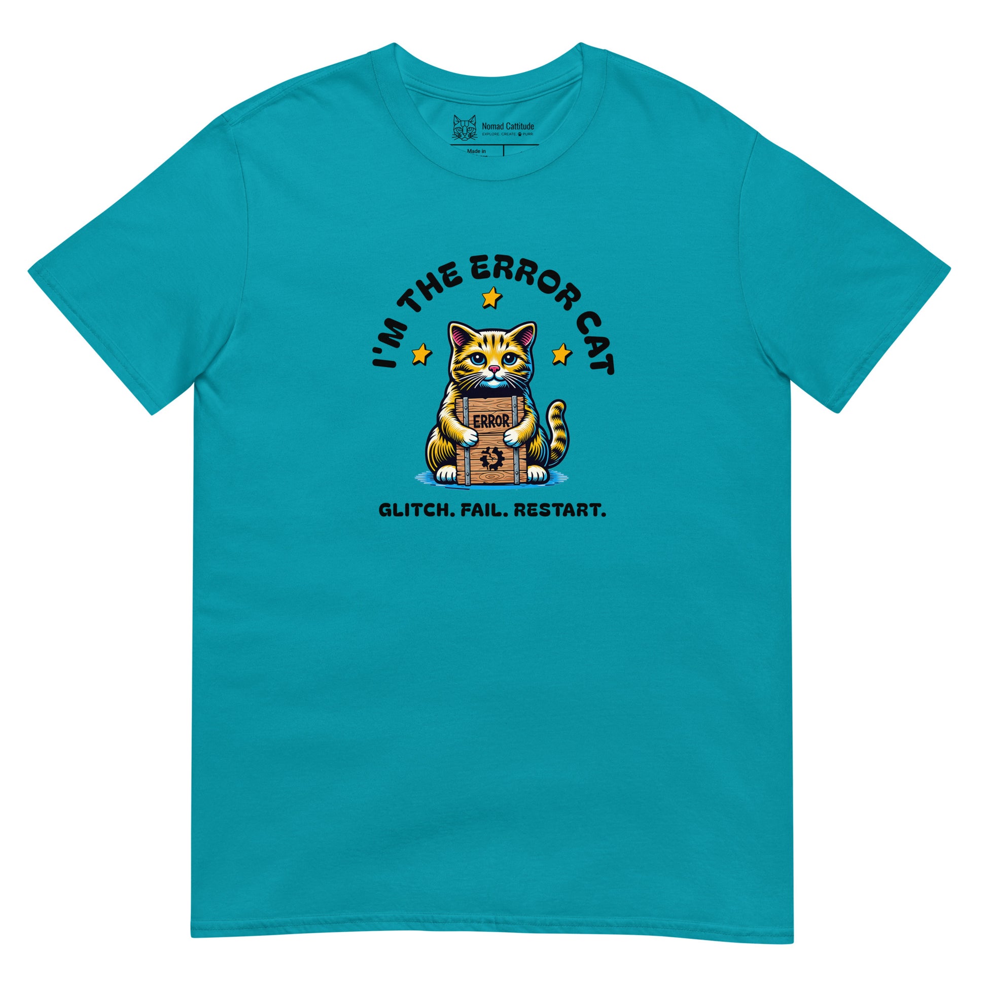 Cat themed graphic tee with error message print