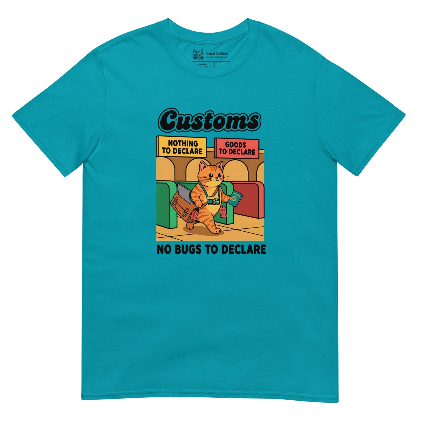 Cat themed graphic tee with vacation print