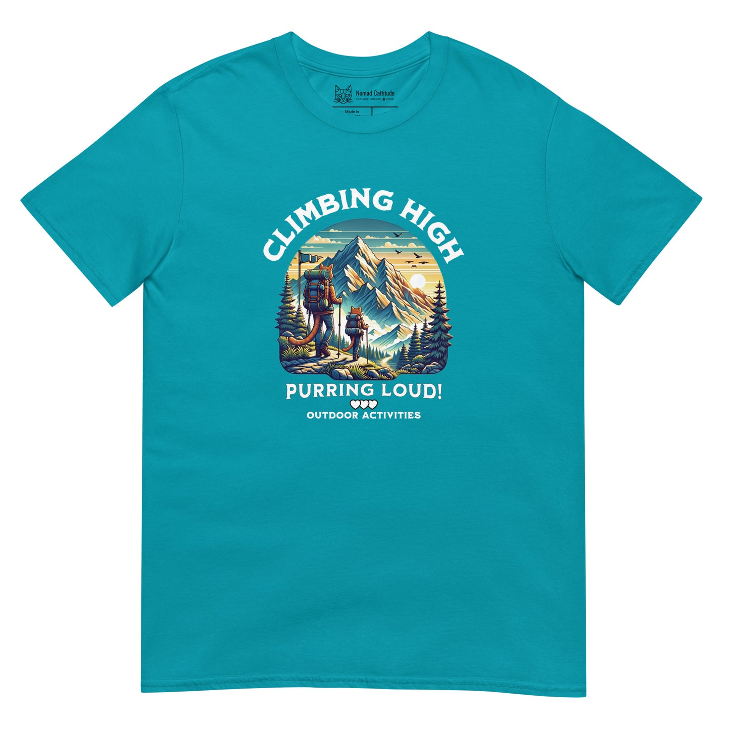 Cat themed graphic tee with vacation print