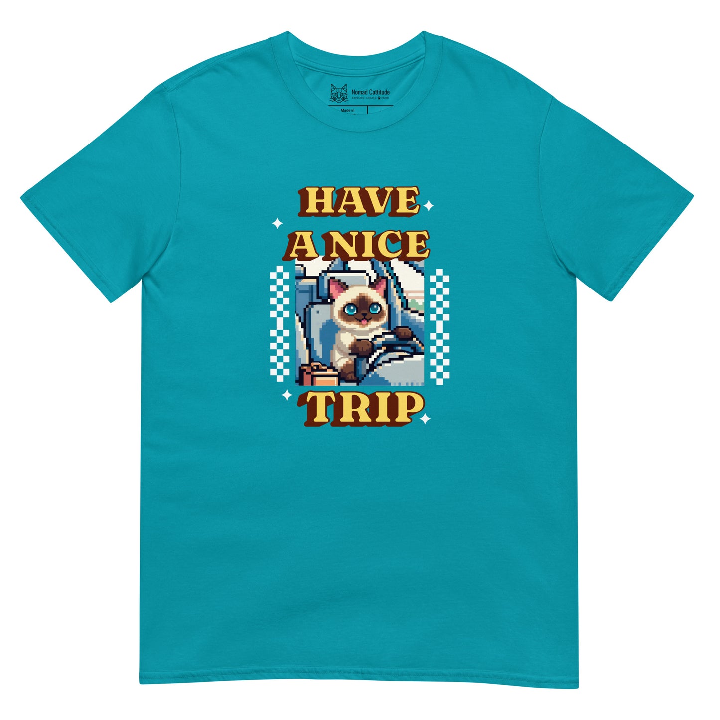 Cat themed graphic tee with vacation print
