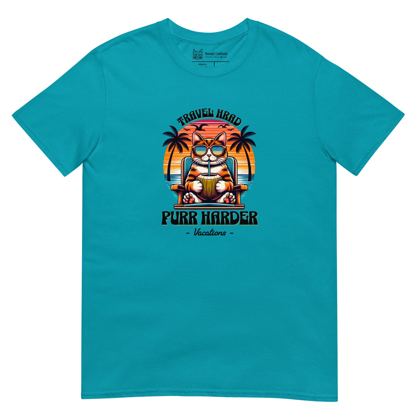 Cat themed graphic tee with vacation print