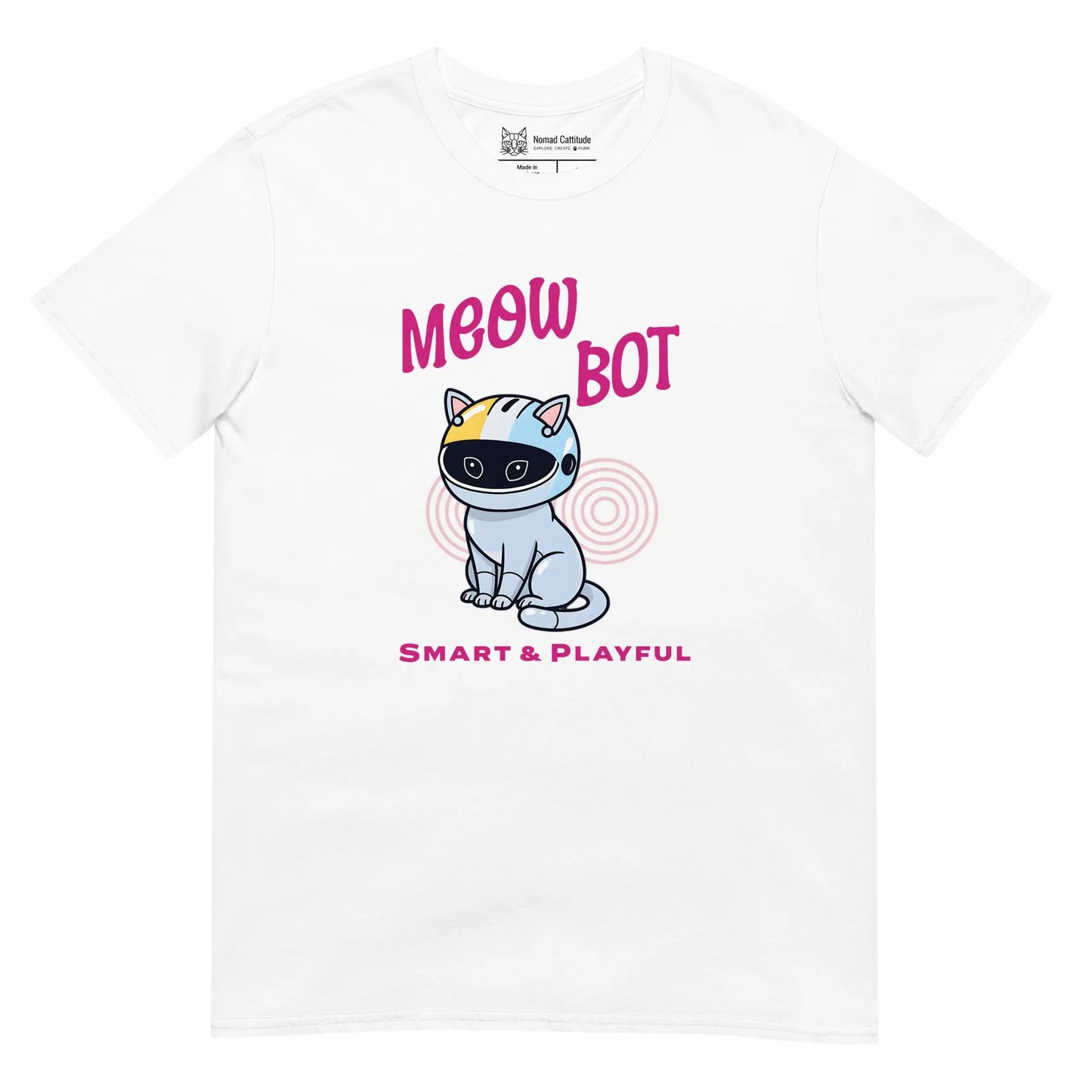 Cat themed graphic tee with meow bot print